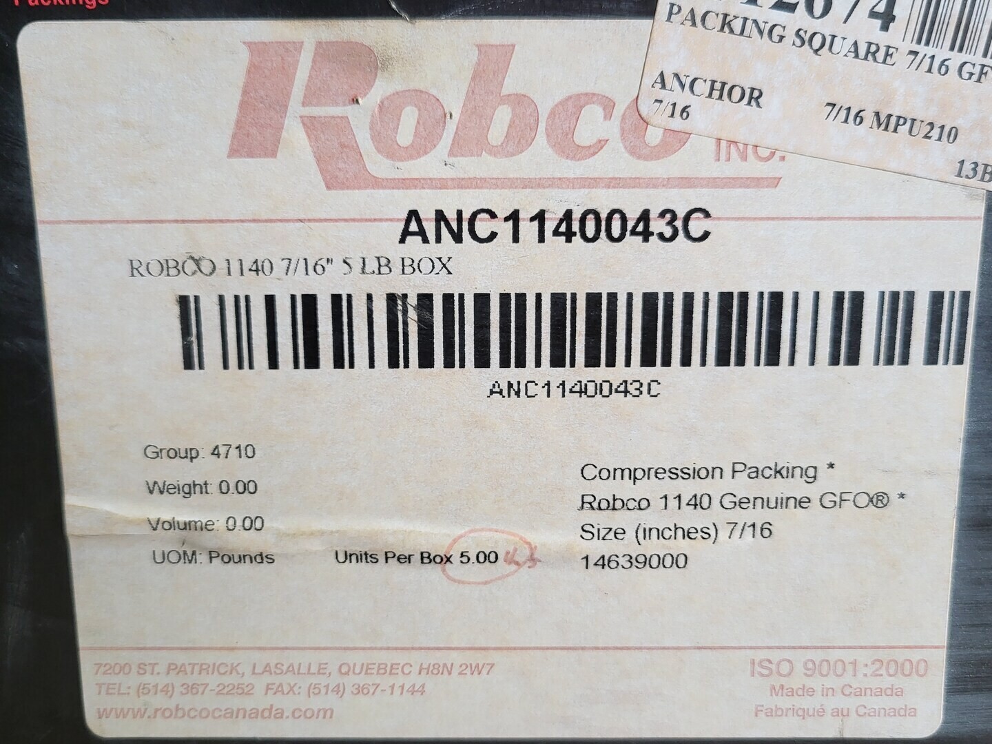 SURPLUS NEW Robco 1140 Compression Packing 7/16″ GFO – Valve Parts