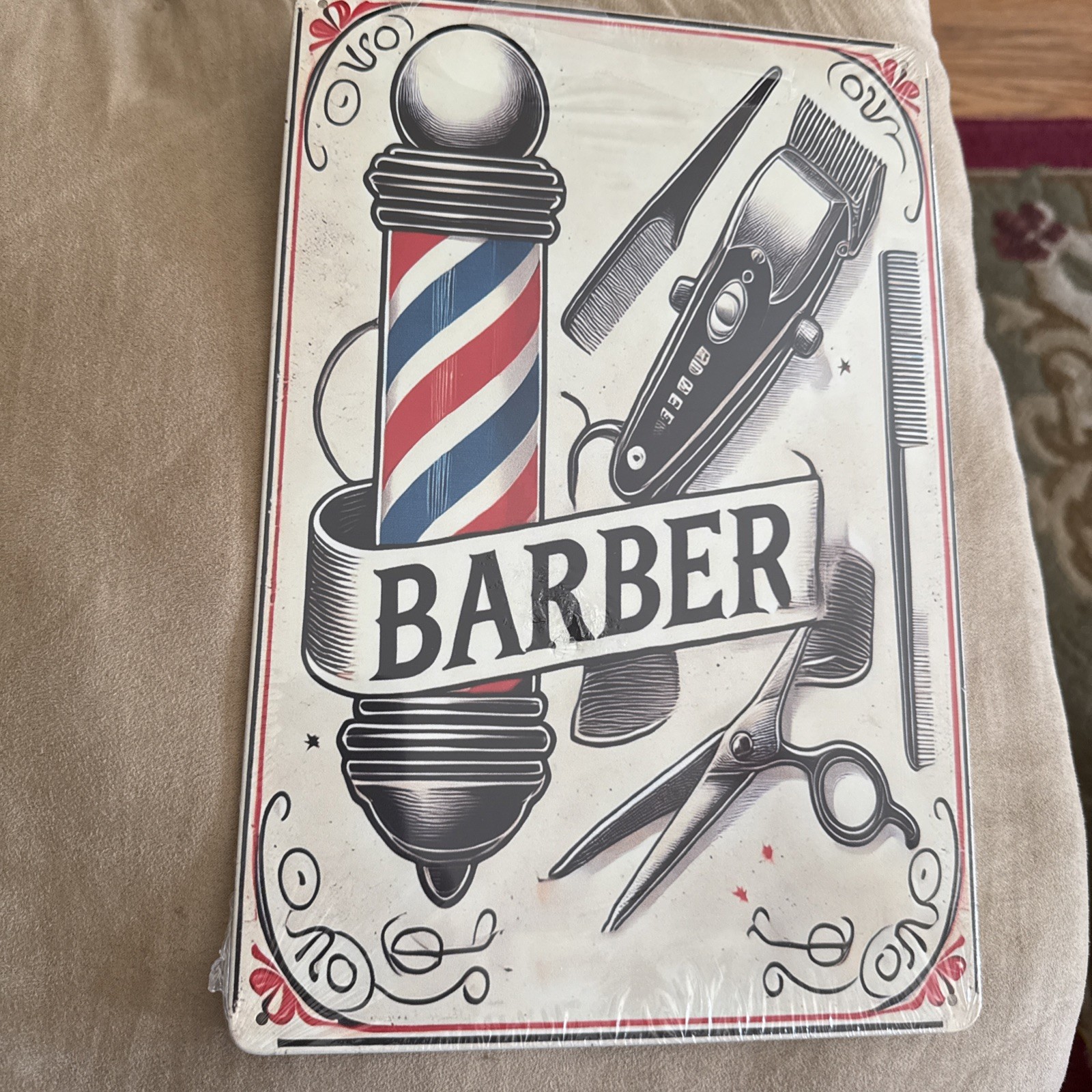 What An Adorable “Barber Shop” Metal Tin Sign In 7.8”x11.8”