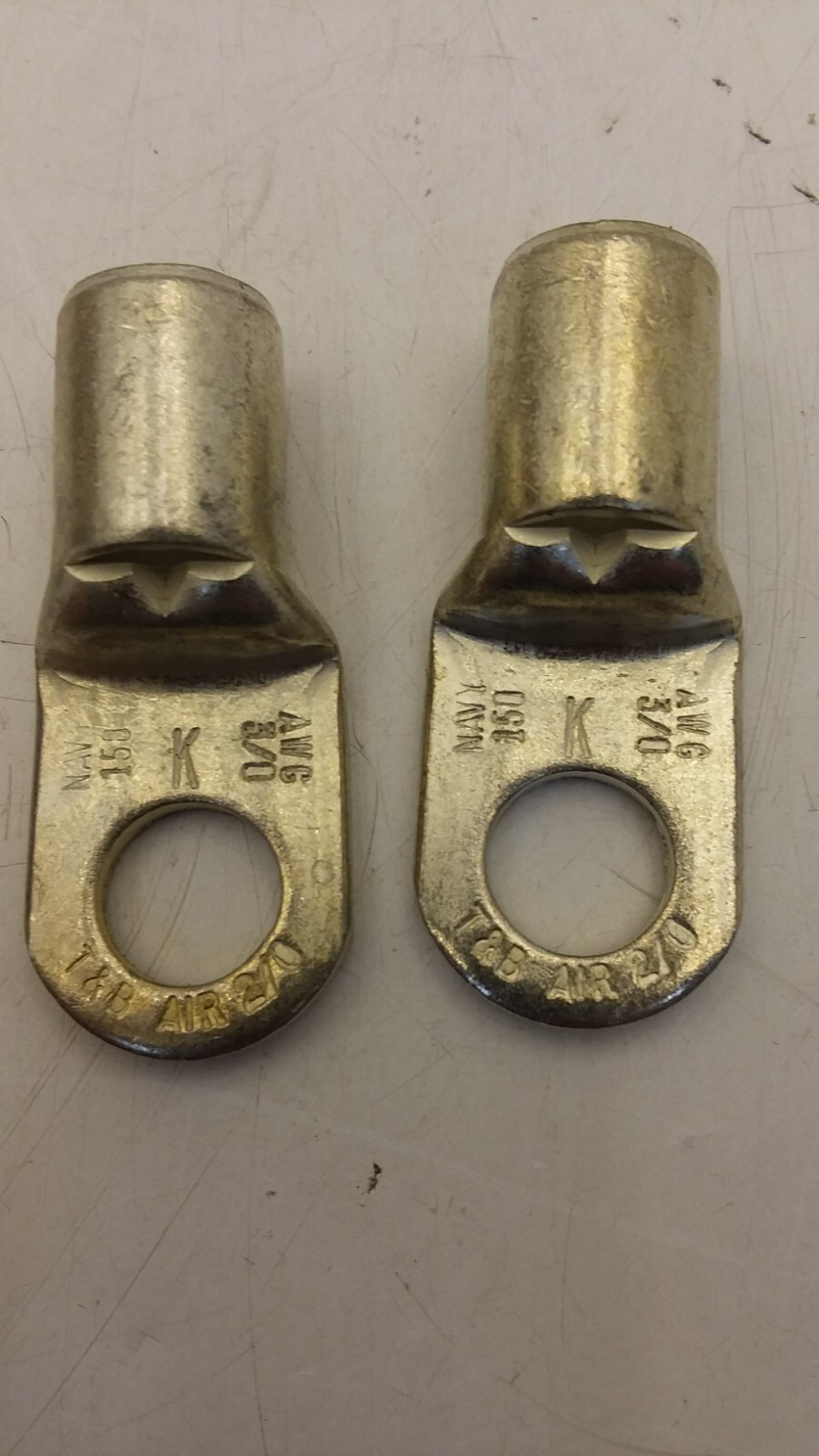THOMAS & BETTS K975 LARGE TUBULAR RING TERMINAL 2/0-3/0 1/2″ BOLT LOT OF 2 NNB