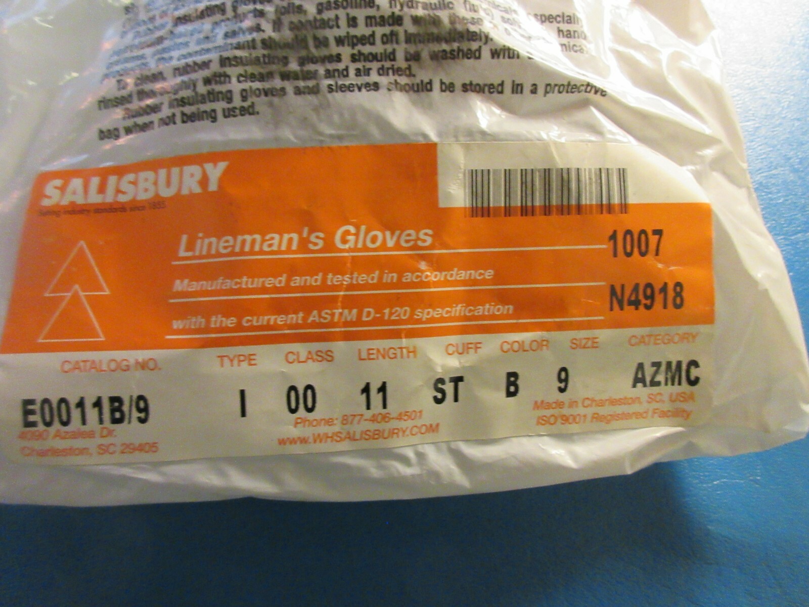 Salisbury E0011B/9 Black Lineman’s Gloves, Size 9, 500 Volts AC Class 00