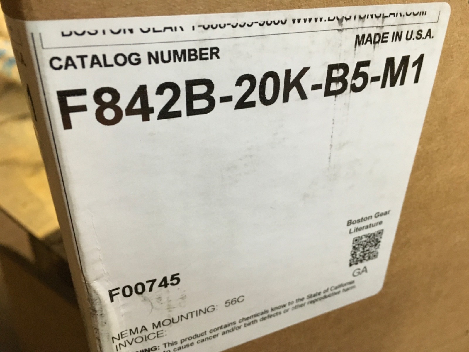 Boston gear, F842B-20K-B5-M1, F00745, torque 1442in-lb, NOS, (ADI-1471)