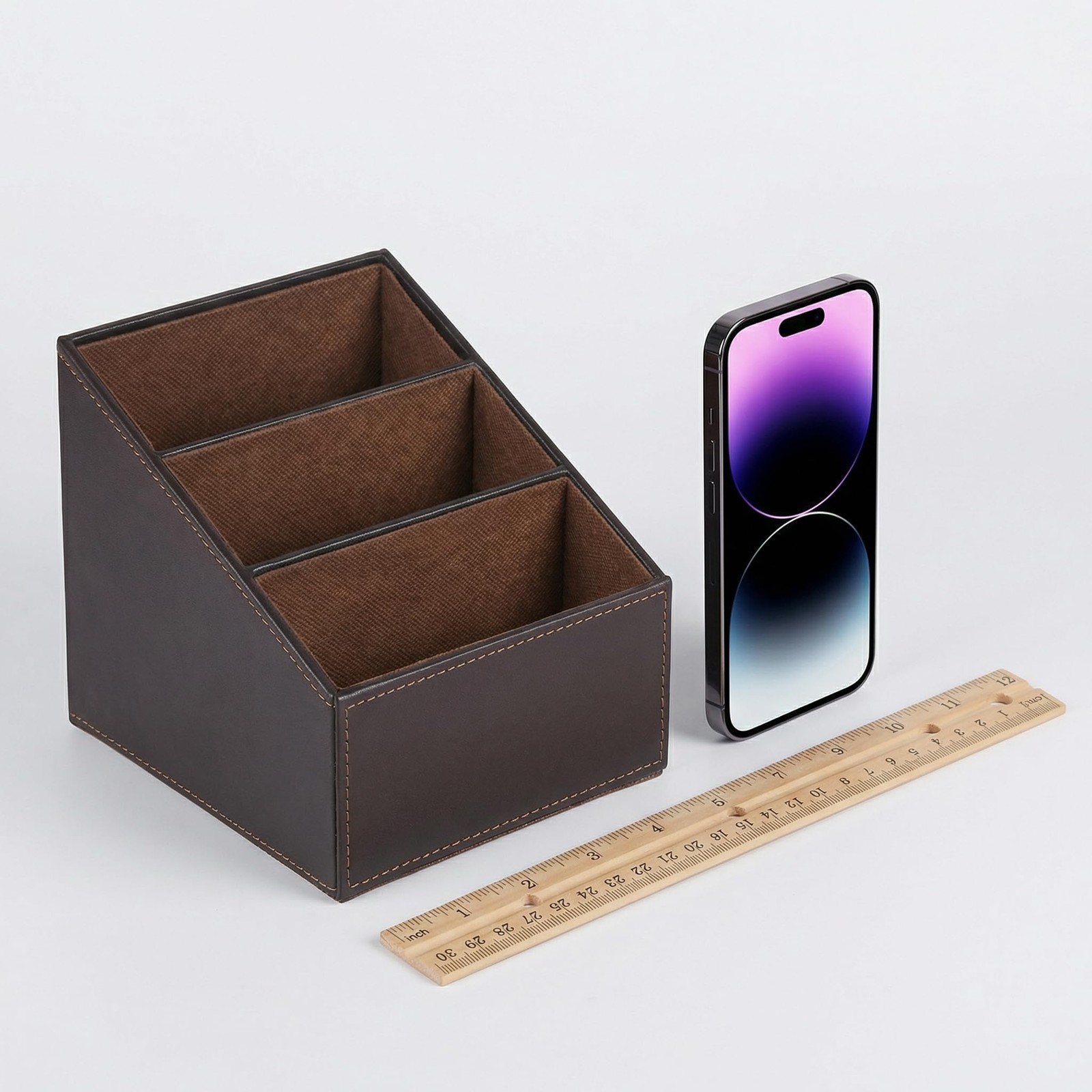 I-MART PU Leather Remote Control Holder Organizer with 3 Compartments, Brown