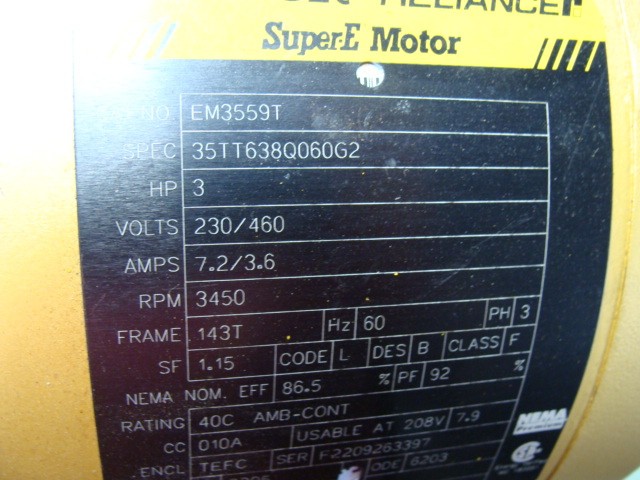 BALDOR RELIANCE MOTOR EM3559T 3HP 230/460V 7.2/3.6A 3450RPM 3PH 143T FRAME