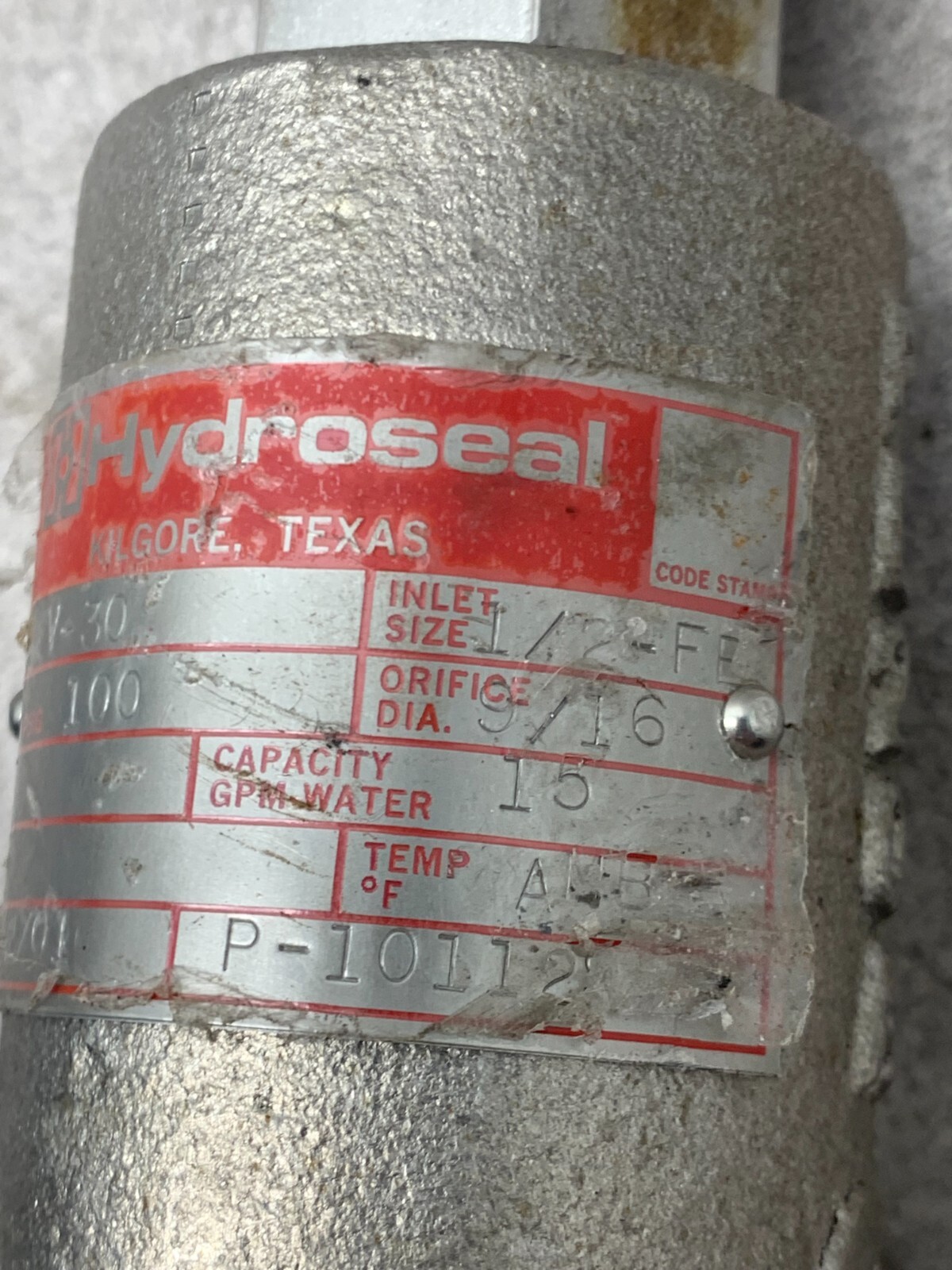 NEW HYDROSEAL 9/16″ ORFICE INLET SIZE 1/2-FE RELIEF VALVE 100 PSIG. 2CXV-30