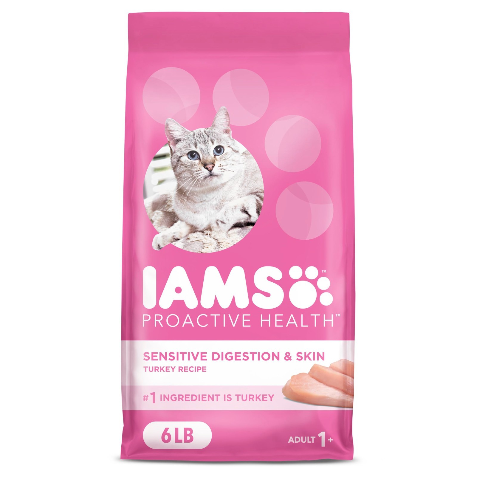 IAMS Proactive Health Adult Dry Cat Food,Sensitive Digestion & Skin,Turkey, 6lb