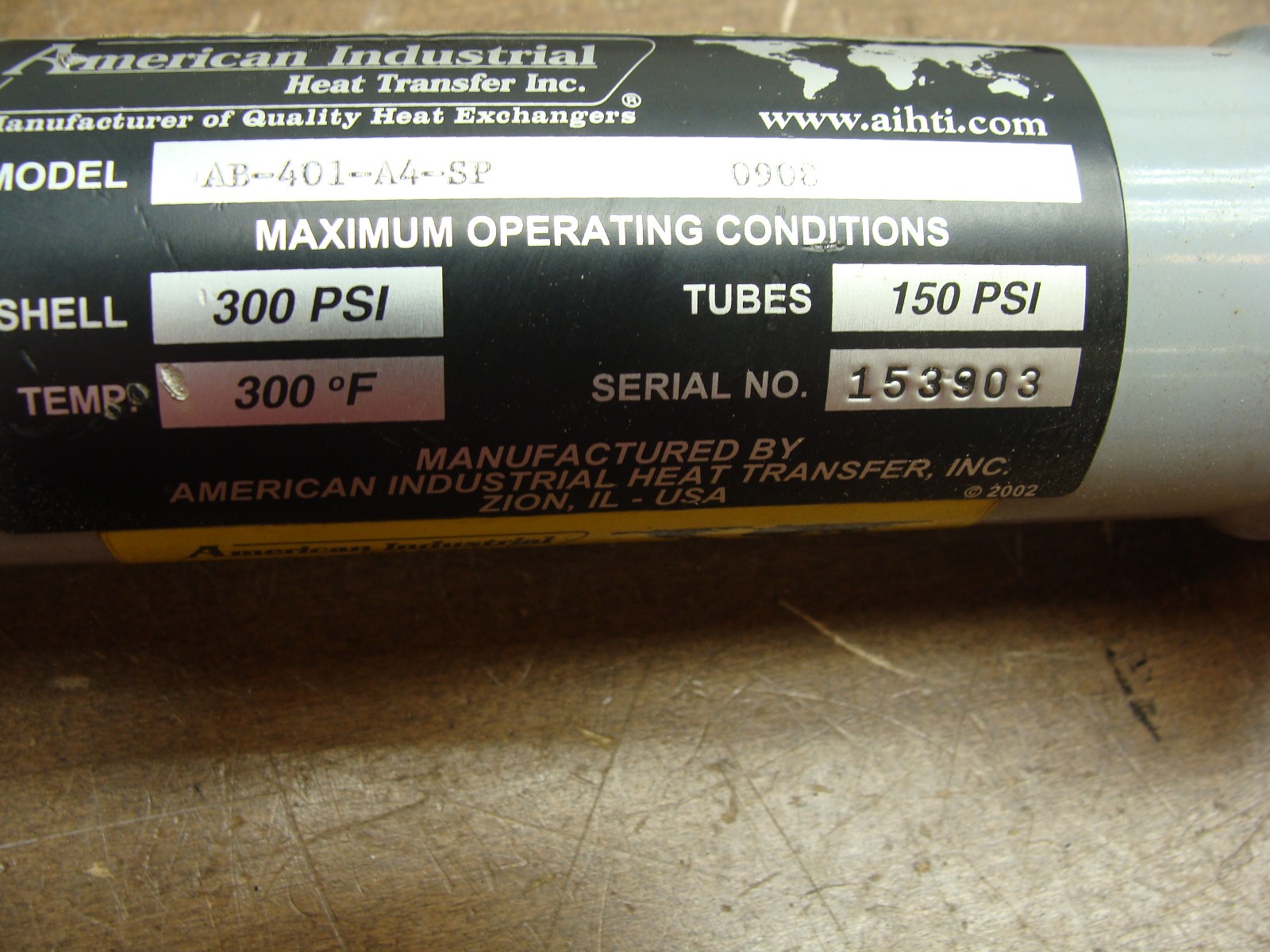 AMERICAN INDUSTRIAL HEAT TRANSFER INC. HEAT EXCHANGER AB-401-A4-SP 300PSI 300°F