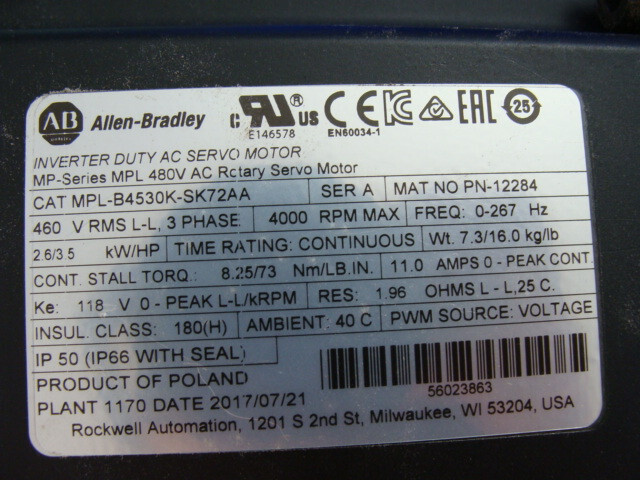 ALLEN BRADLEY KINETIX AC SERVO MOTOR MPL-B4530K-SK72AA PN-12284 460V 3PH 4000RPM
