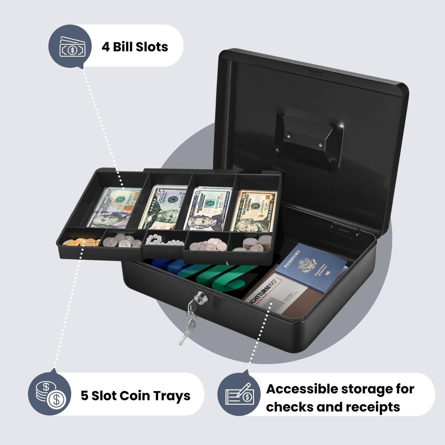 Cash Box with Money Tray and Lock – Metal Cash Box for Small Businesses, 9-Co…