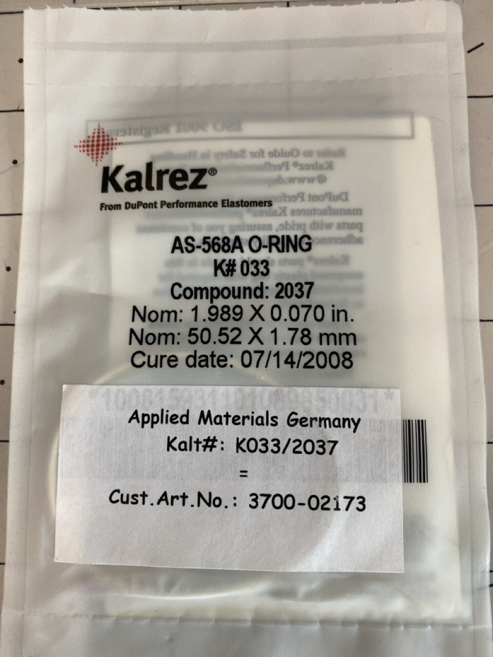 Kalrez O-RING K#033 COMPOUND 2037 PN: AS-568A Applied Materials/AMAT 3700-02173