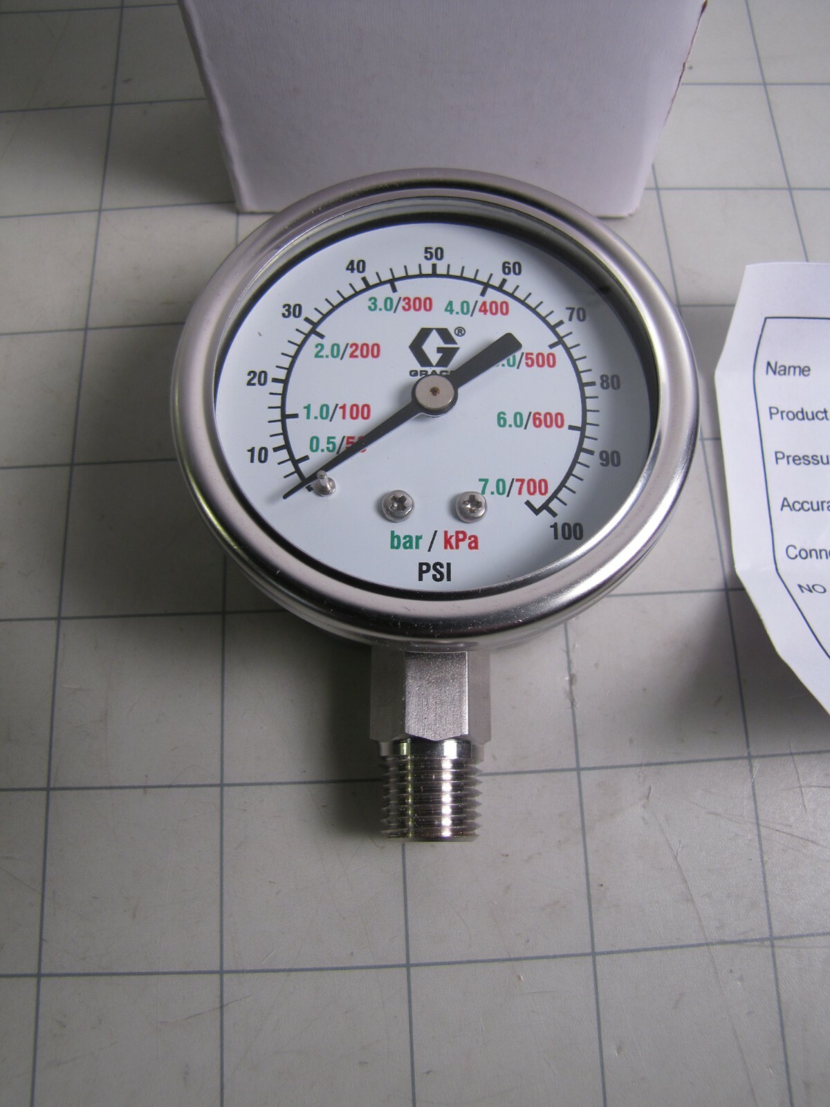 Graco 187874 Pressure Gauge 0-100 psi / 7 bar / 700kPa 1/4-18 NPT NEW