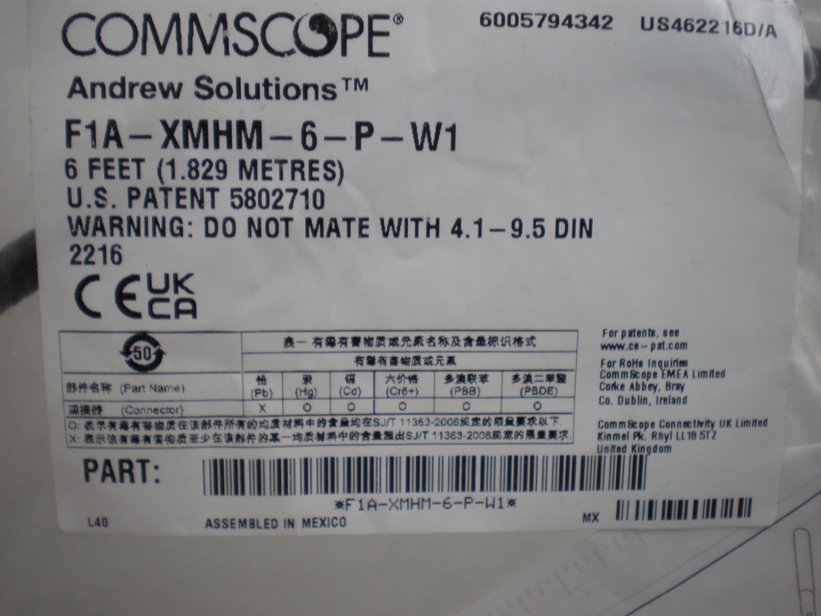 F1A-XMHM-6-P-W1 SureFlex Jumper NEX10 Male to 4.3/10 Male CommScope Andrew