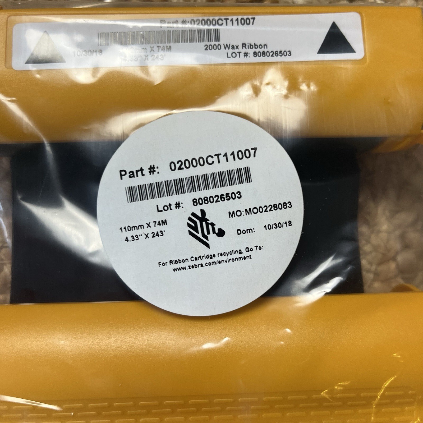Zebra Performance 2000 Wax Ribbon 4.33″X 243′ Part# 02000CT11007 DOM 10/30/18