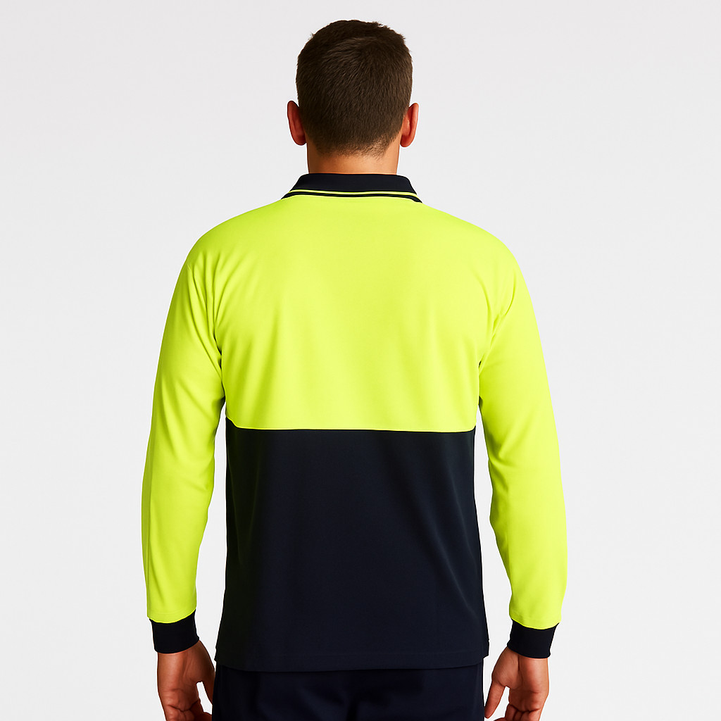 Mens Hi Vis Long Sleeve Polo Shirt Safety Workwear in Yellow/Navy