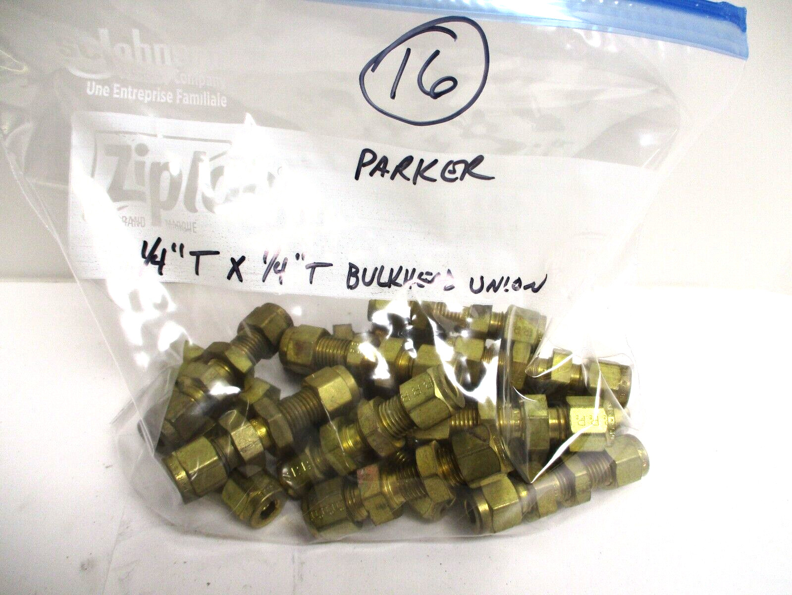 PARKER , BRASS , 1/4″ TUBE BULKHEAD UNION FITTING , LOT OF 16 , SURPLUS