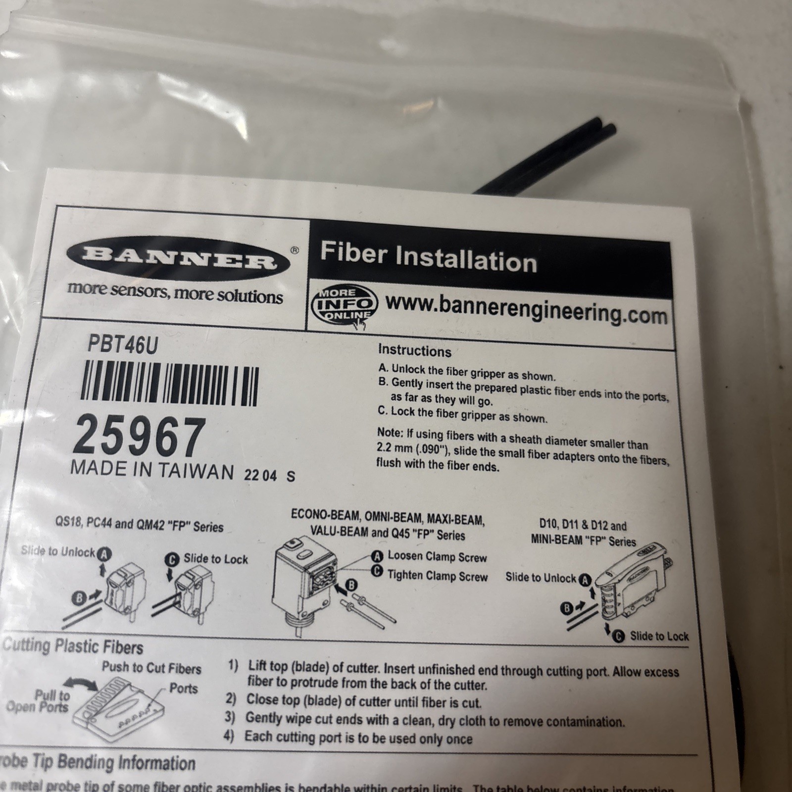 NEW BANNER PBT46U FIBER OPTIC CABLE SENSOR 25967 PFC-4