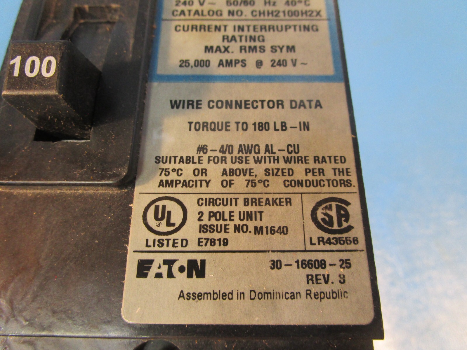 Eaton CHH2100H2X, Molded Case Breakers (MCCBs) CHH 2P 100A 240V 50/60Hz 1Ph