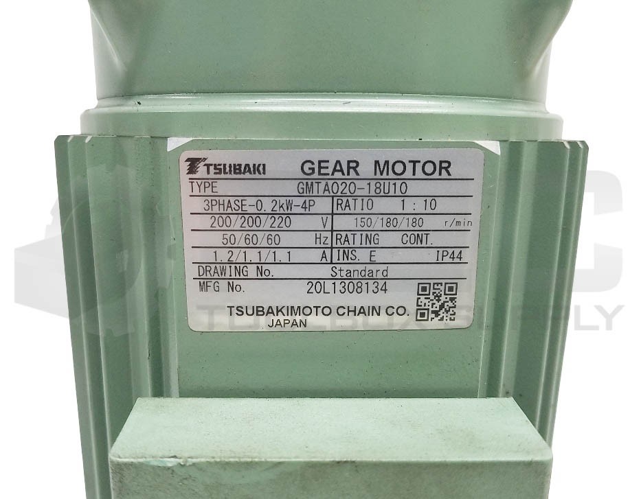 TSUBAKI GMTA020-18U10 GEAR MOTOR RATIO 1:10 0.2kW 3PH 4P, 20L1308134