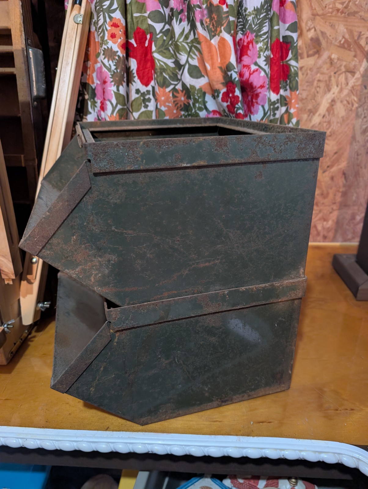 Metal Parts Bin With Handles Stacking Box Industrial vintage