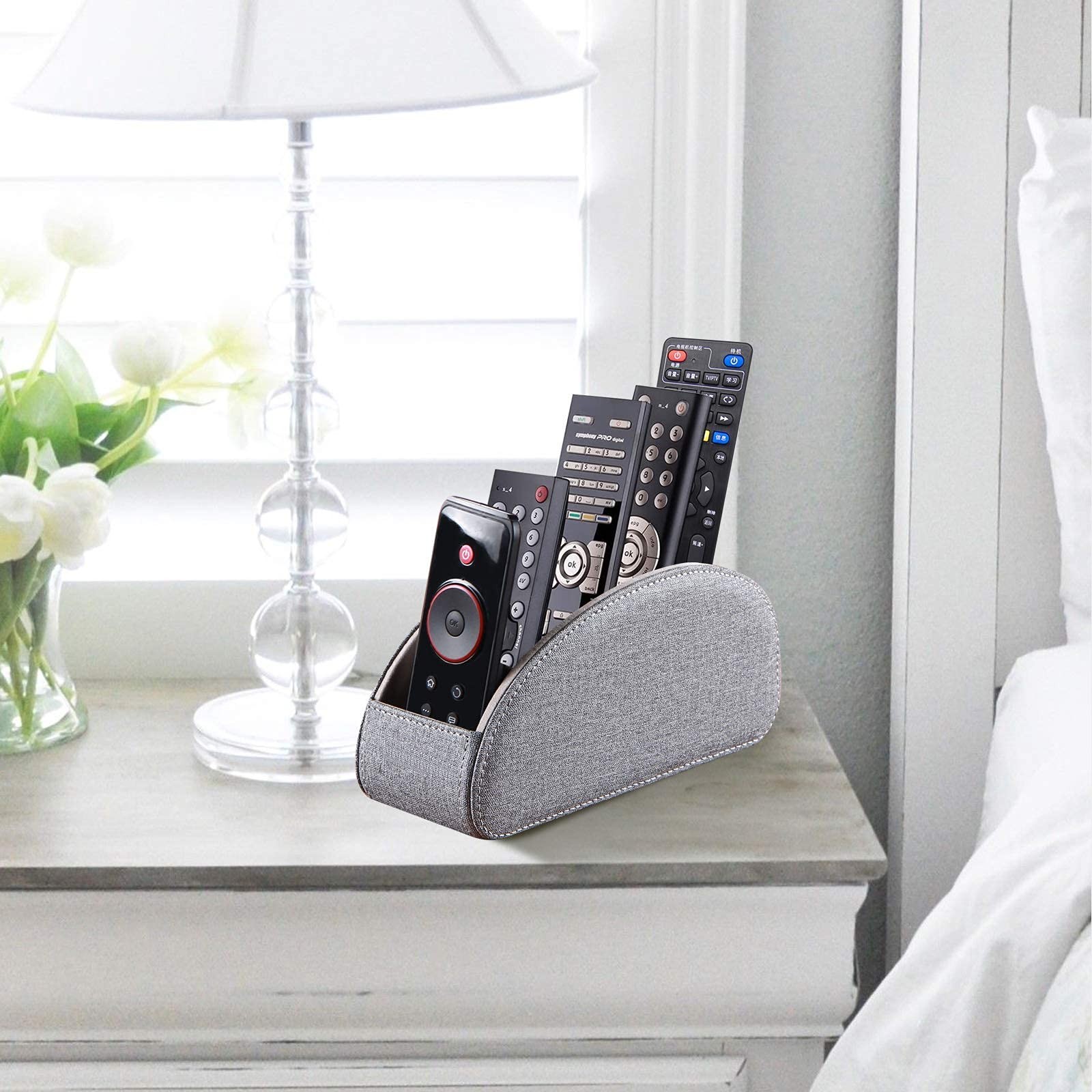 TV Remote Control Holder with 5 Compartments,Pu Leather Small, Grey