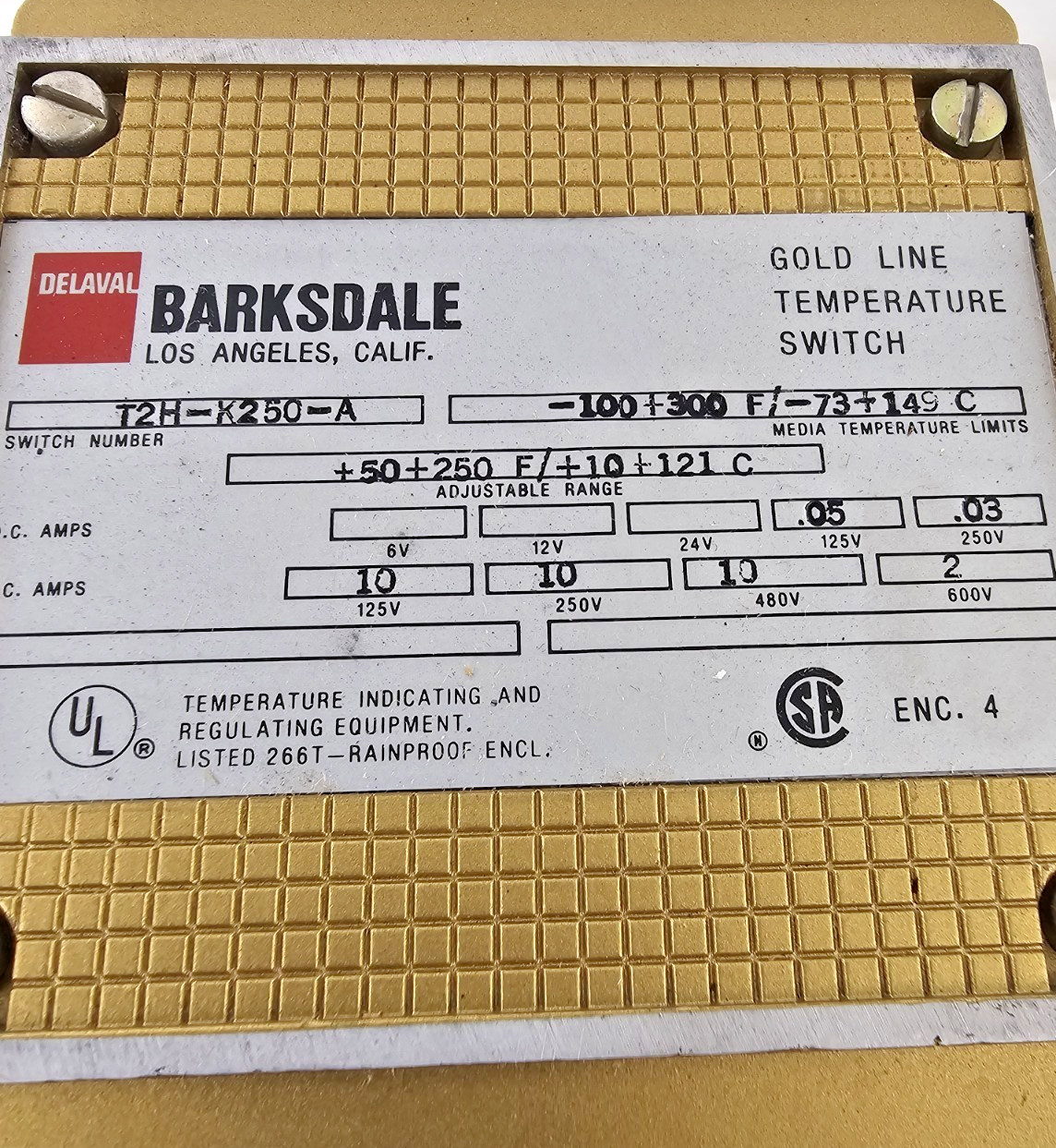 Barksdale T2H-K250-A Temp Switch -100 to 300°F Gold Line 0.3A@250DC 2A@600AC