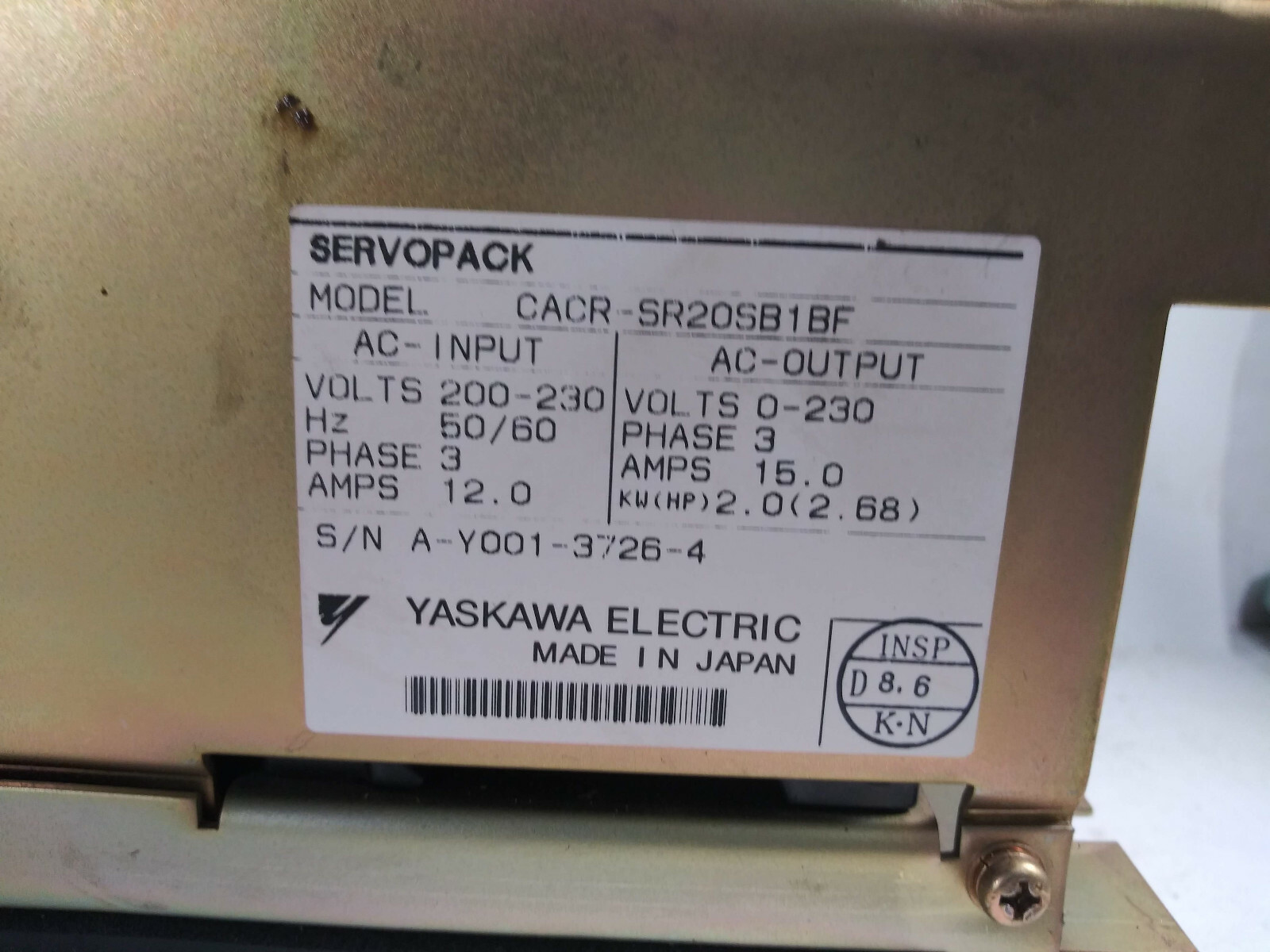 1 USED YASKAWA CACR-SR20SB1BF SERVOPACK SERVO CONTROLLER ***MAKE OFFER***