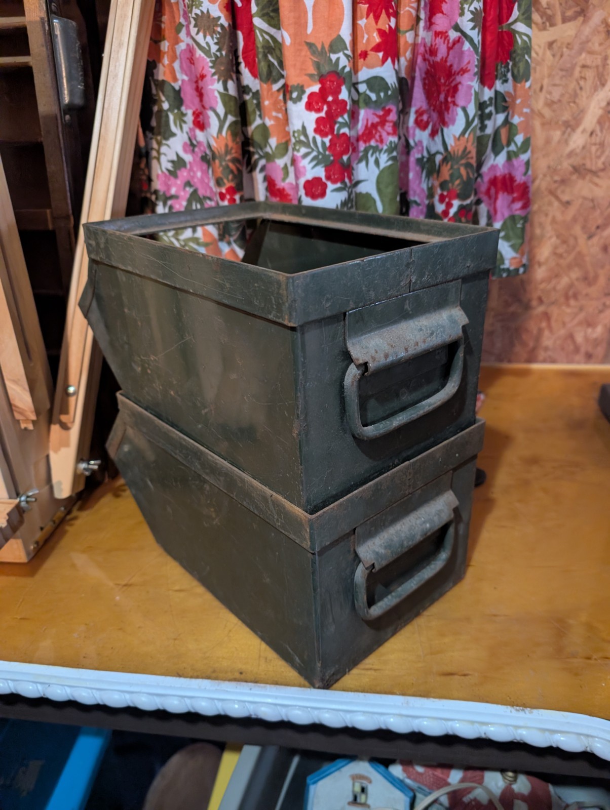Metal Parts Bin With Handles Stacking Box Industrial vintage