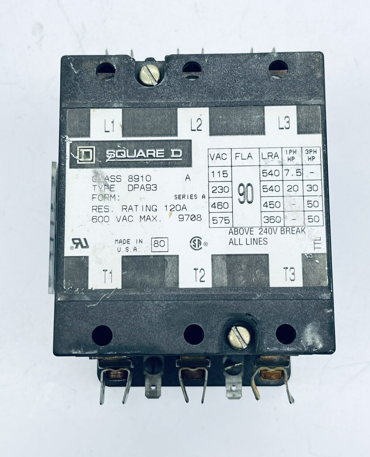 SQUARE D 8910-DP893 CONTACTOR 120A 575VAC 1PH/3PH