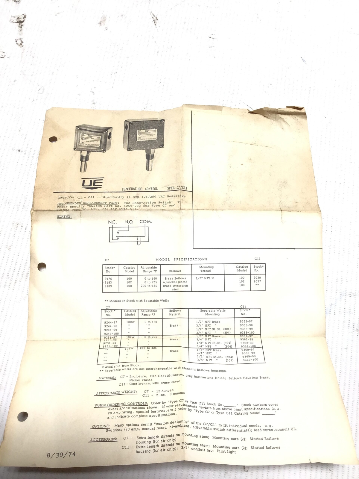 United Electric 100-C11 Pressure Switch 15 Amps UE 100c119355