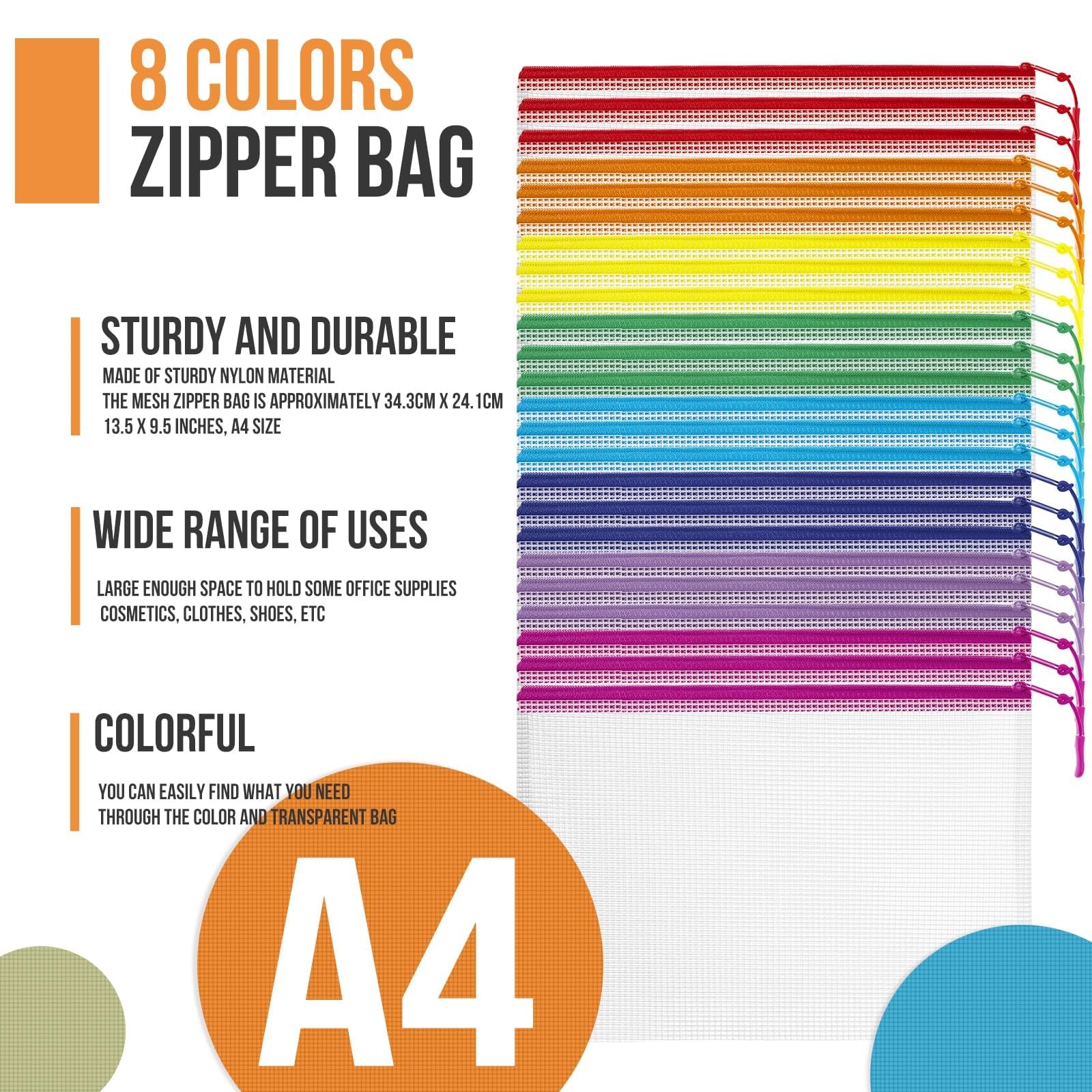 24pcs Mesh Zipper Pouch Bags Puzzle Storage Bags, A4 13×9 Inches A4, 8 Colors