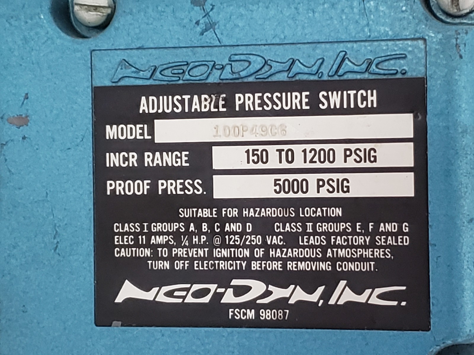 NEO DYN 100P49V6 ADJUSTABLE PRESSURE SWITCH 150 TO 1200 PSIG