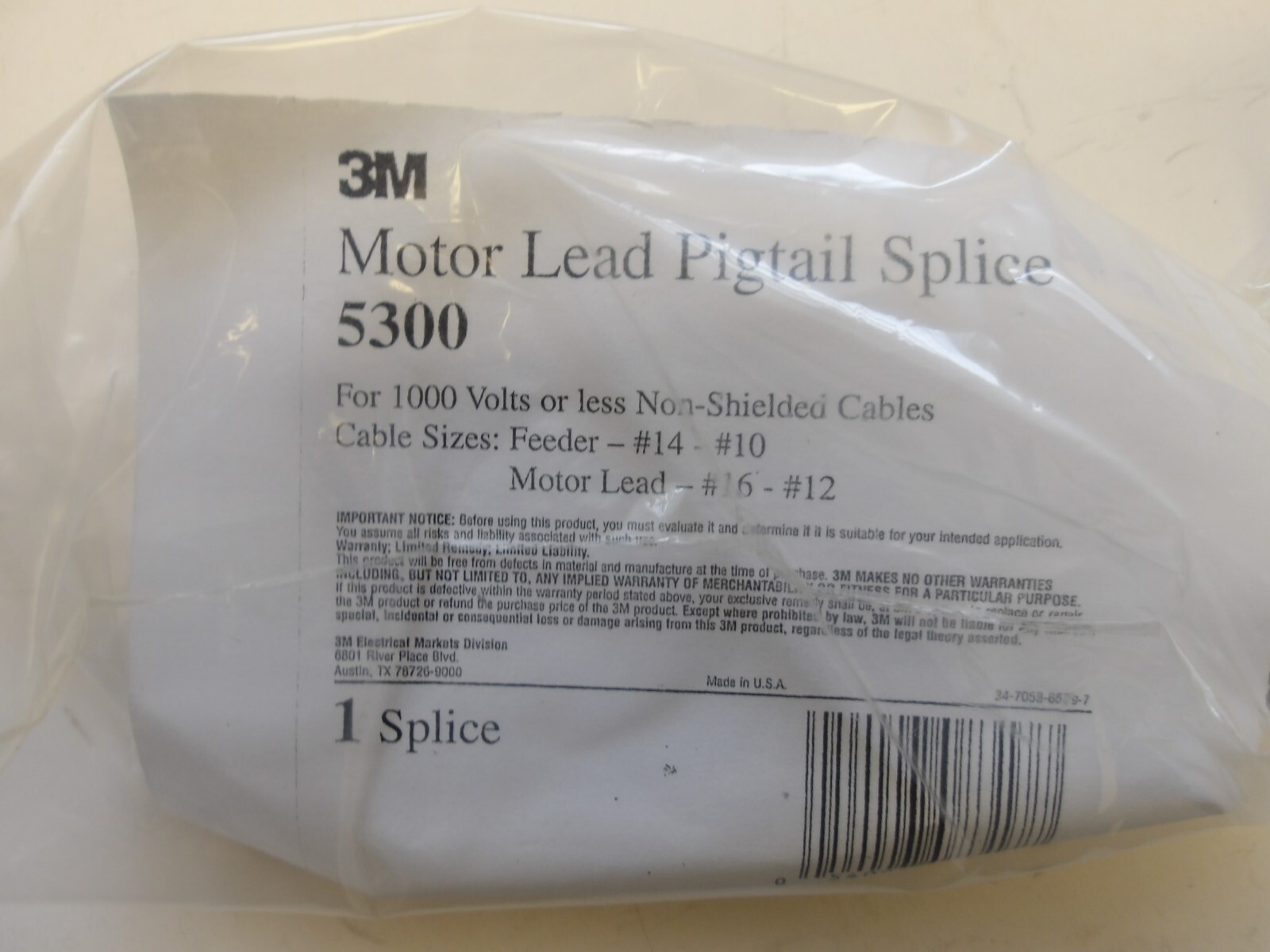 3M P/N: 5300-2M 600V MOTOR LEAD PIGTAIL SPLICE FOR #10-12 AWG FEEDER FLUOR-SASOL
