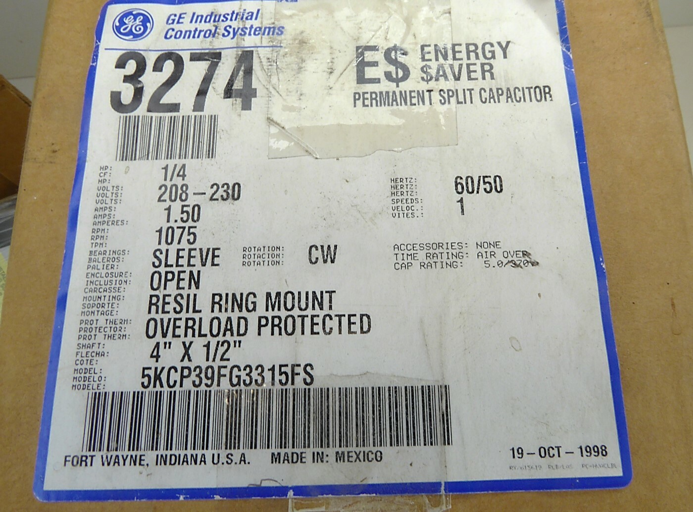 GE 5KCP39FG3315FS 1/4HP 208-230V 1.5A 1075RPM CW 3274 NEW IN BOX