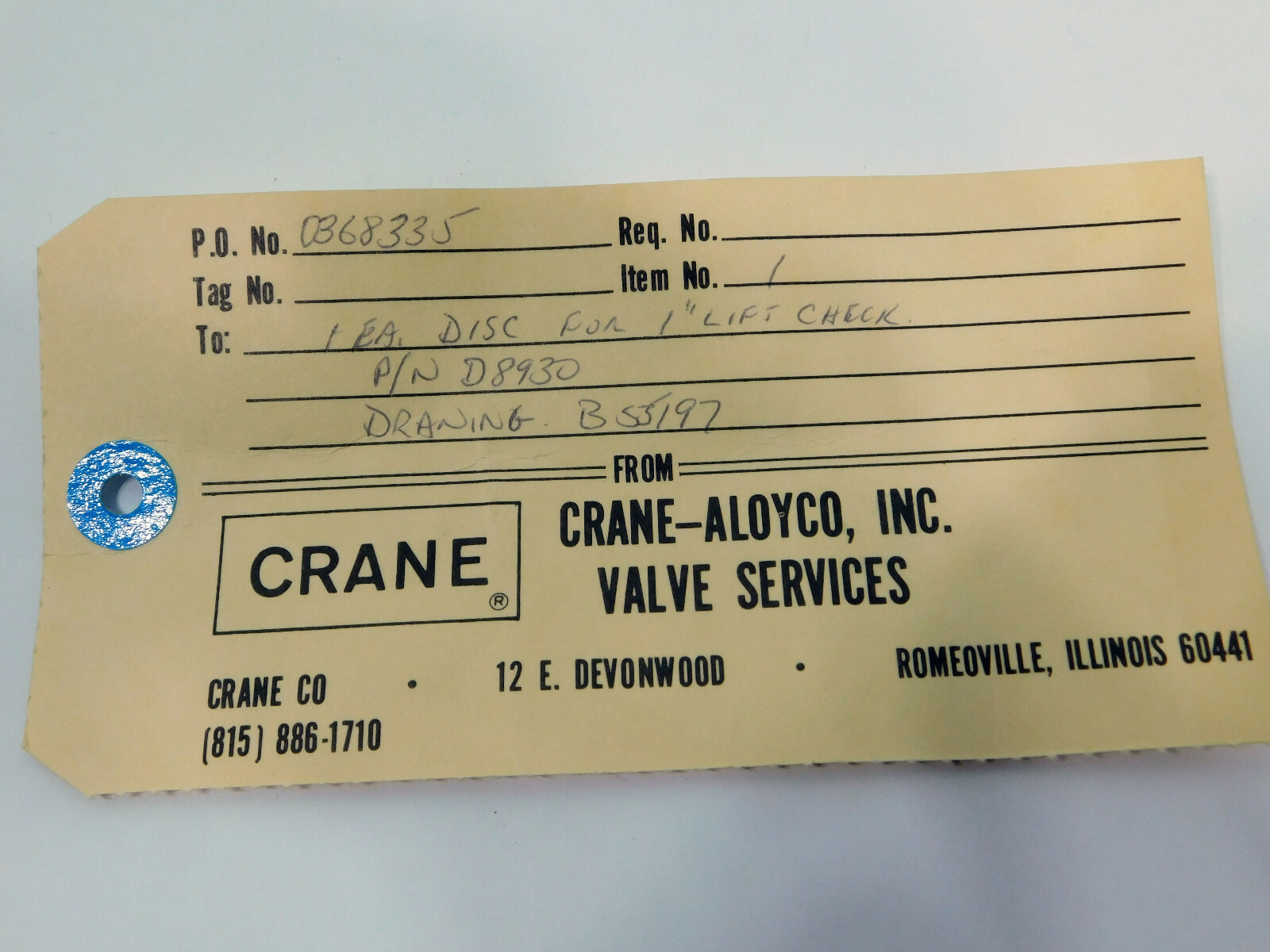 1″ Lift Check Crane Aloyco Model 3682X Disc Valve P/N D8930 Drawing B53197