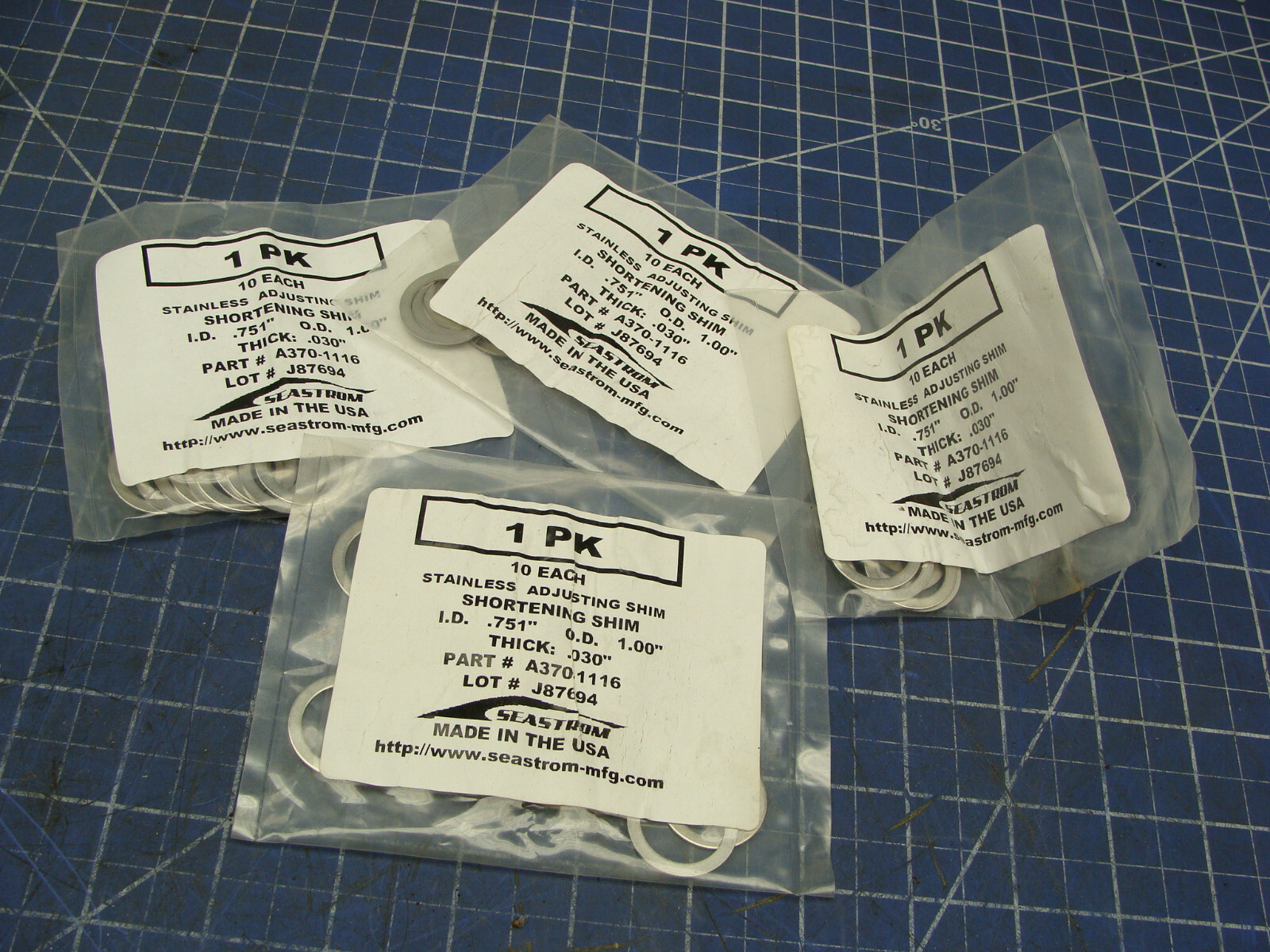 LOT OF 4 PKGS (10 EACH) SEASTROM SS SHORTENING SHIMS A370-1116 .751″ ID 1.00″ OD