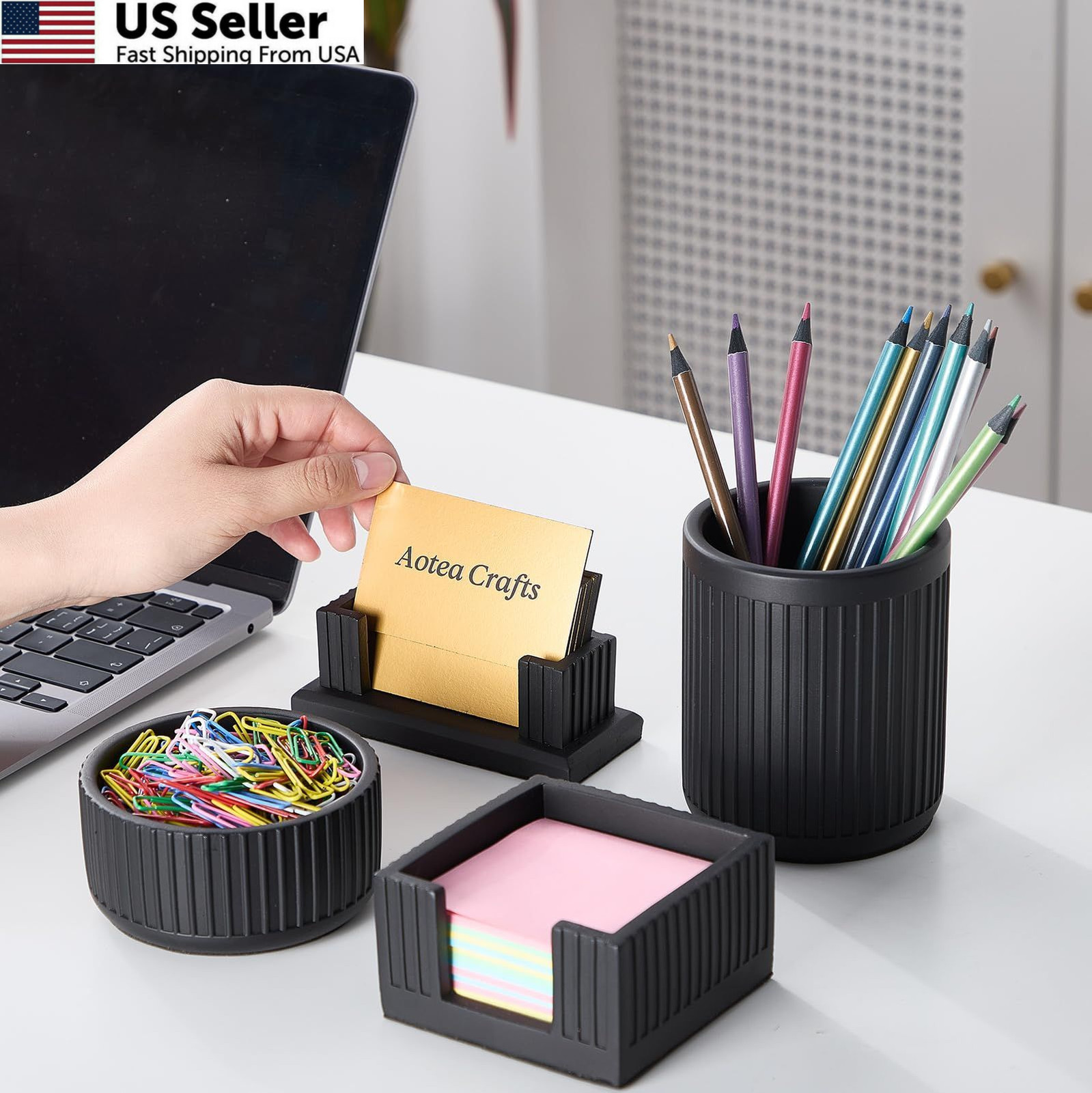 Set of 4 – Concrete Desk Accessories For Modern, Industrial, Charcoal Black