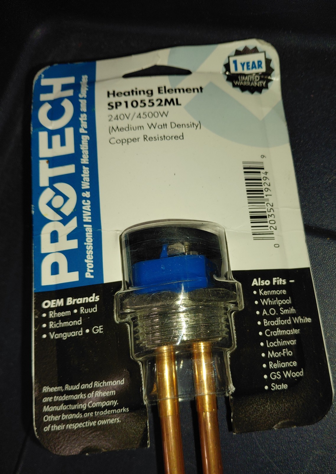 Protech Rheem Sp10552ml Resistored Mwd Element, Copper, 240V, 4500W