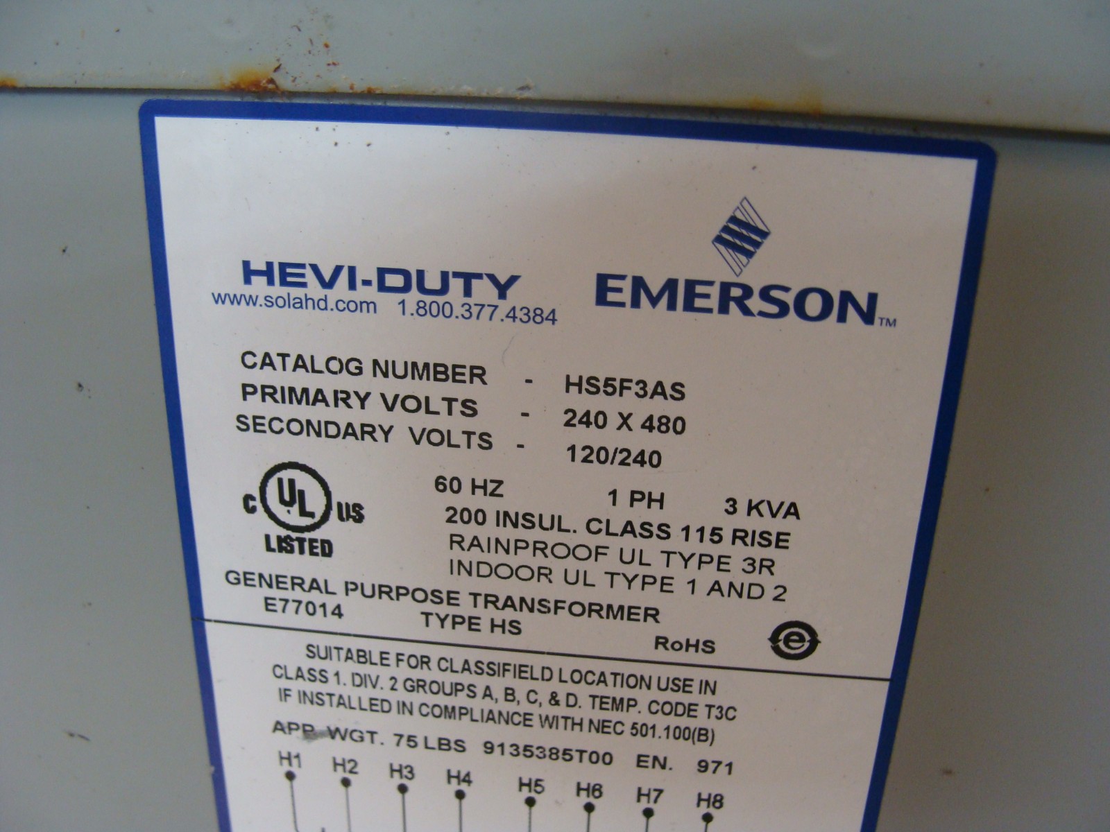 EMERSON HEVI-DUTY TRANSFORMER HS5F3AS PRI 240 X 480V SEC 120/240V 1PH 3KVA