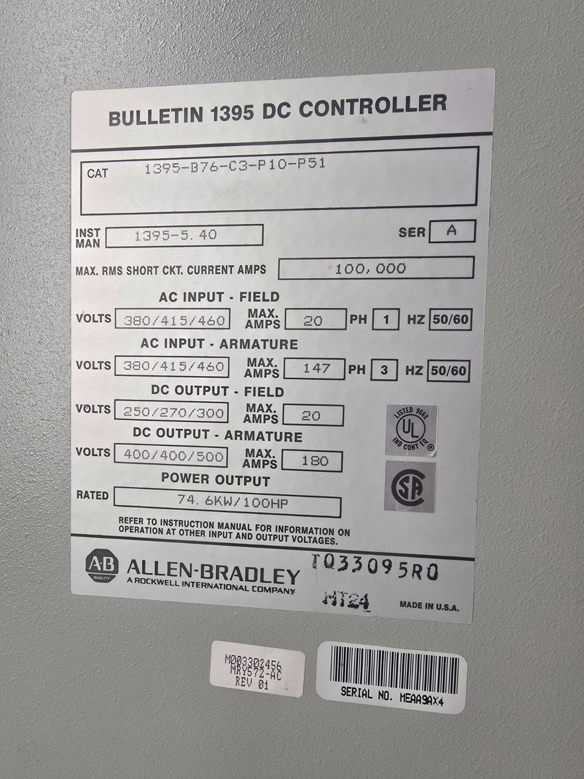 REFURBISHED! ALLEN-BRADLEY 100HP DC DRIVE 1395-B76-C3-P10-P51