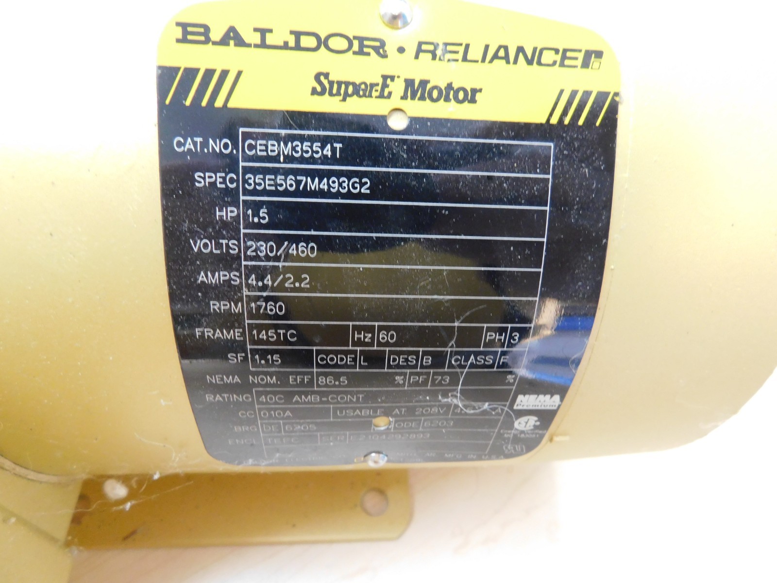 BALDOR CEBM3554T 105603100BQF 230/460V – 4.4/2/2 Amps Super E Motor + Stearns
