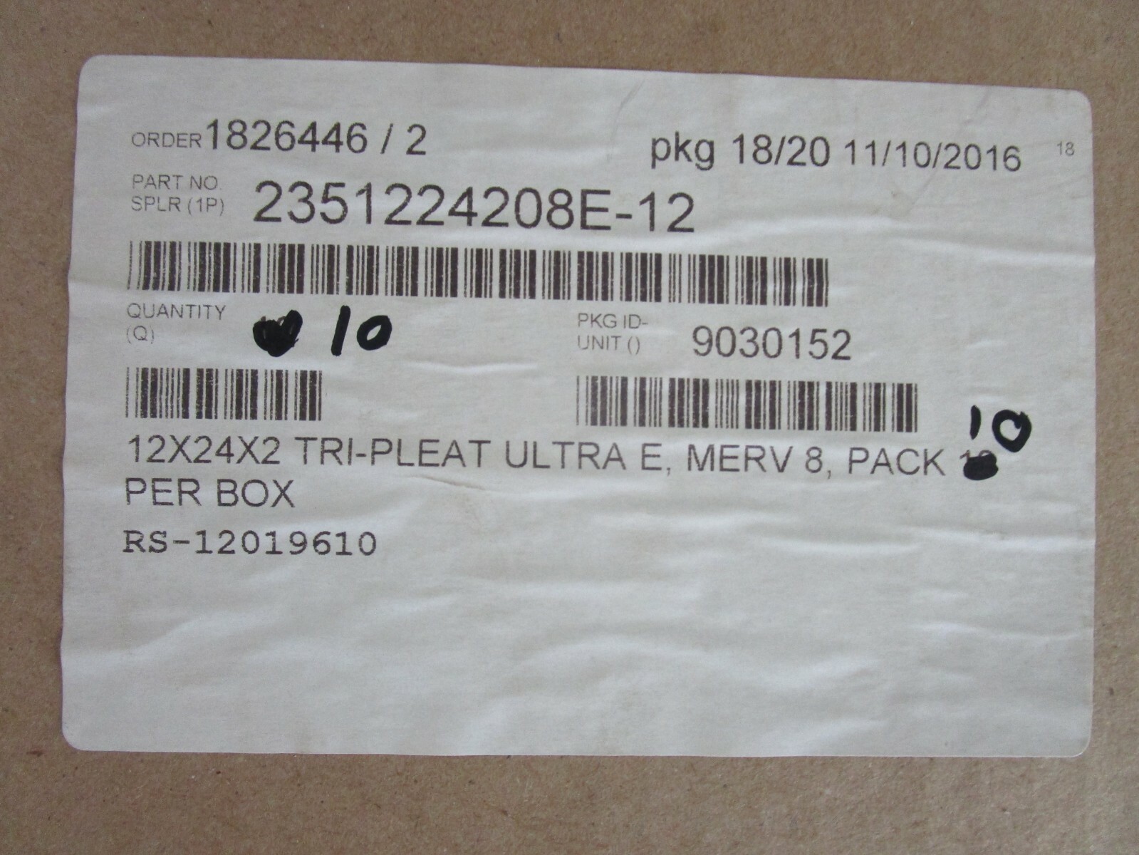 TRI DIM 2351224208E-12 12″ X 24″ X 2″ TRI PLEAT AIR FILTER MERV 8 (LOT OF 10)