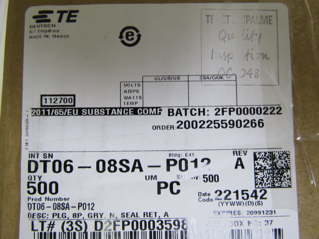 Deutsch DT06-08SA-P012 Qty of 10 per Lot Deutsch DT06-08SA-P012