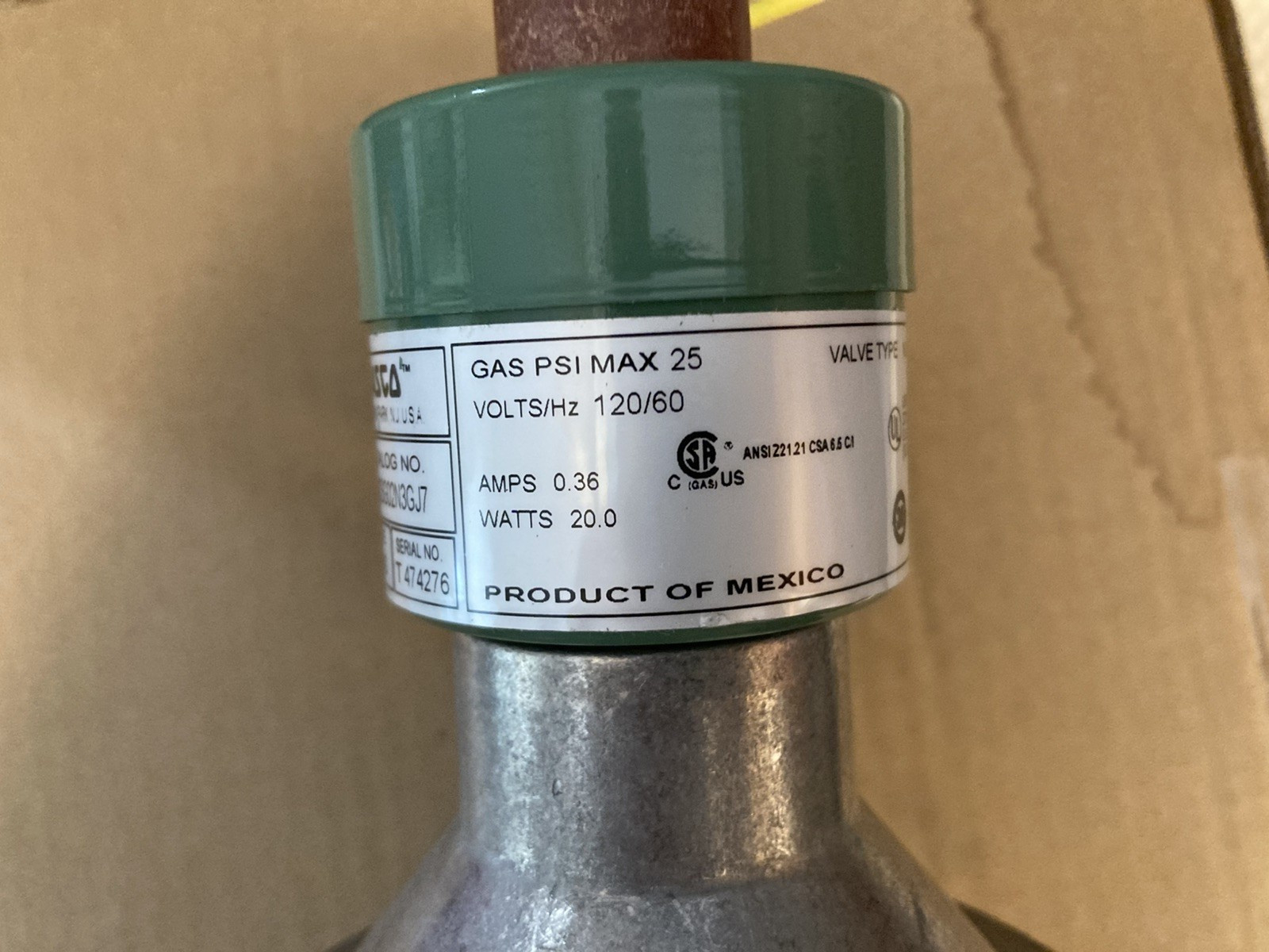 Asco- S262SG02N3GJ7 N/0 Gas Valve NPT Pipe Size 1 1/4″ – 25 Psi, NEW -Open Box