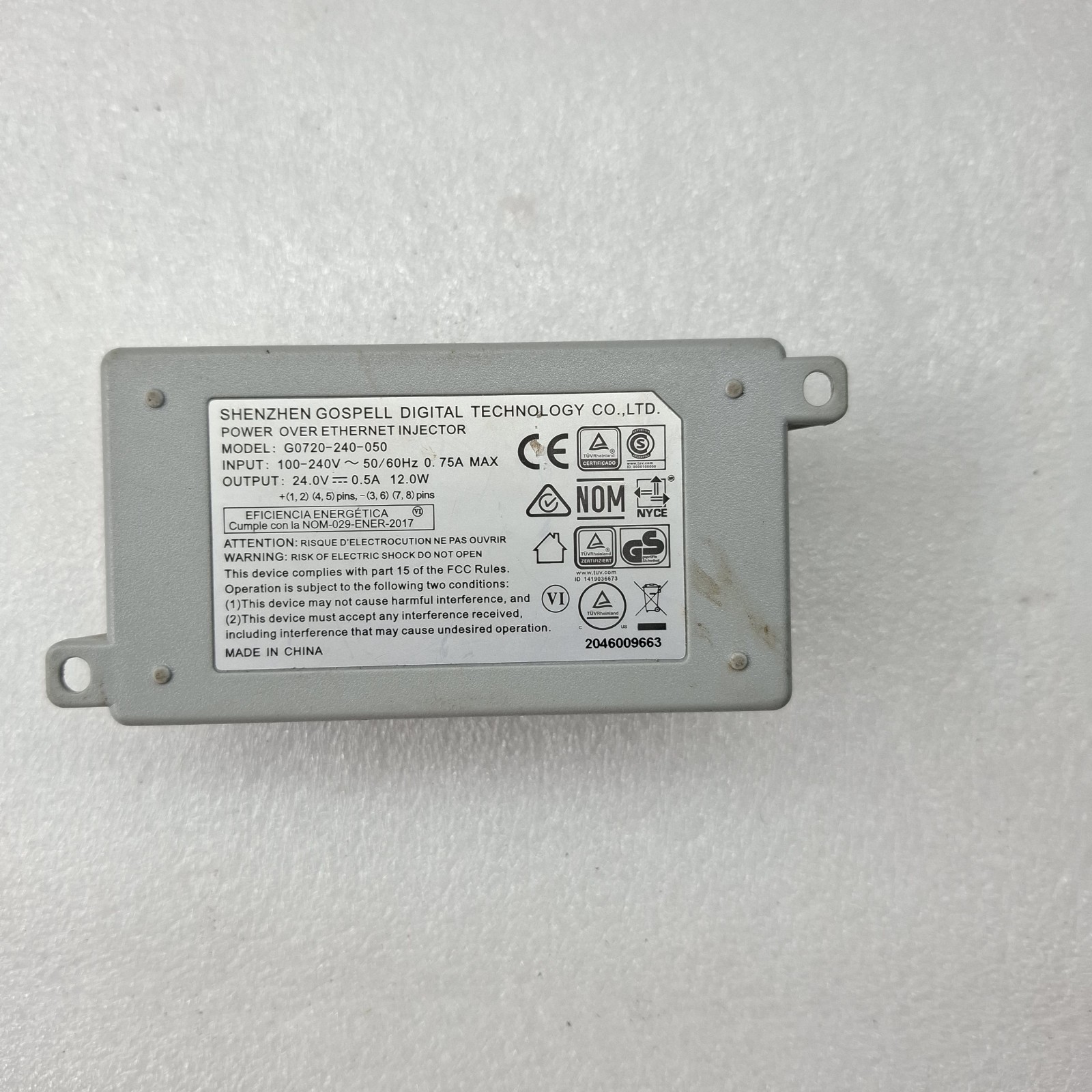 GOSPELL G0720-240-050 24V 0.5A PoE POWER OVER ETHERNET INJECTOR LAN/POE