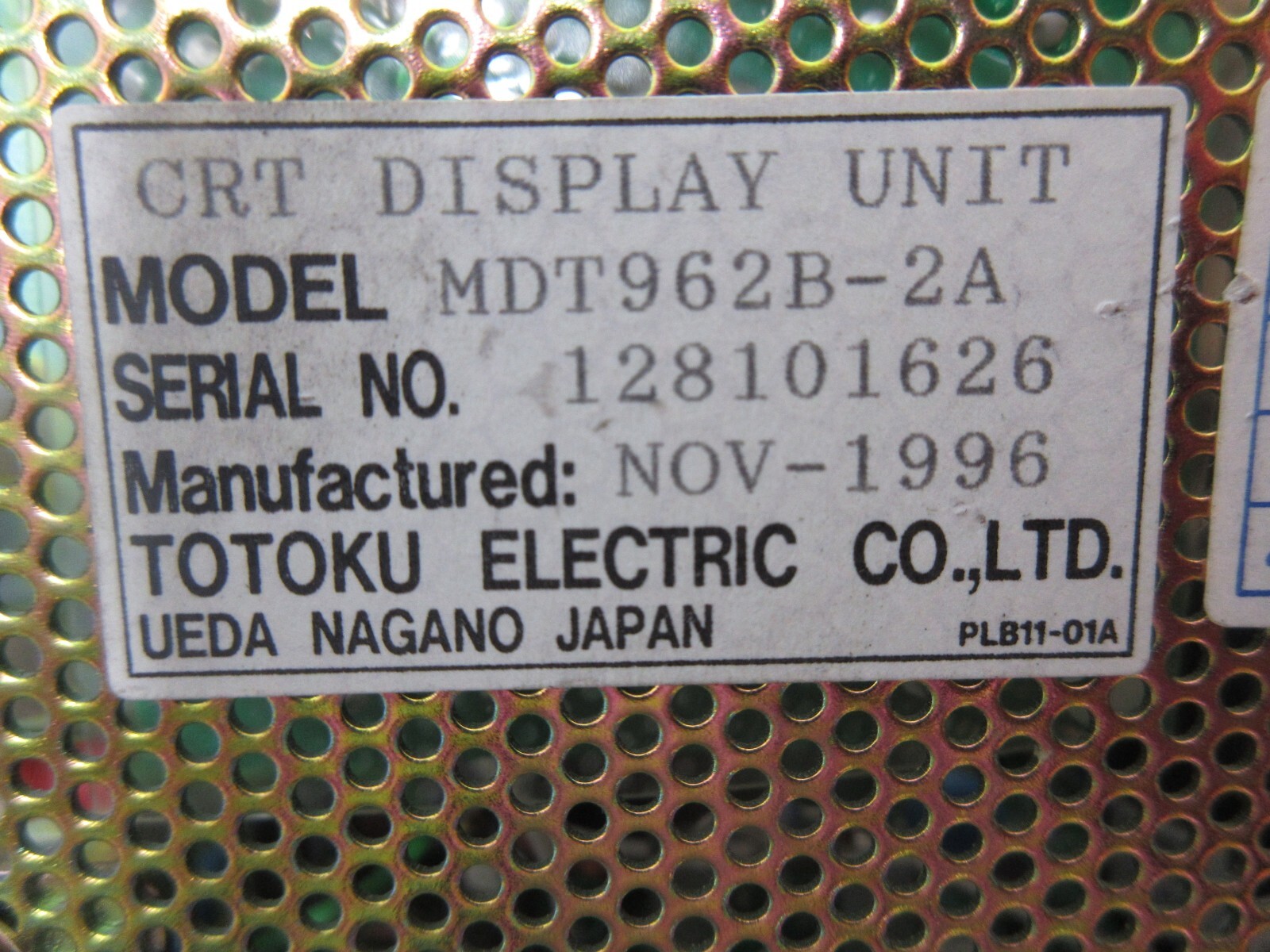 TOTOKU CRT DISPLAY MONITOR MDT962B-2A 128101626 NOV-1996 WARRANTY