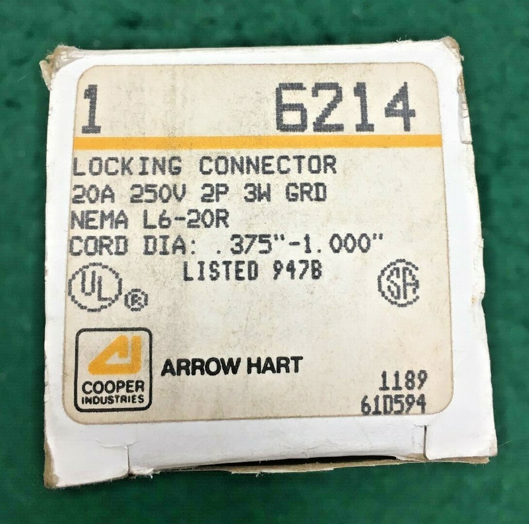 NEW Arrow Hart 6214 Locking Connector 20A 250V 2P 3W GRD (LOT OF 2)