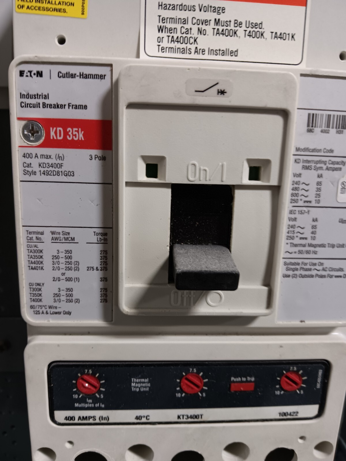 EATON PRL2A 400 AMP MAIN BREAKER PANELBOARD 42 CIRC 480Y/277 VAC 3Ø KD3400F MAIN