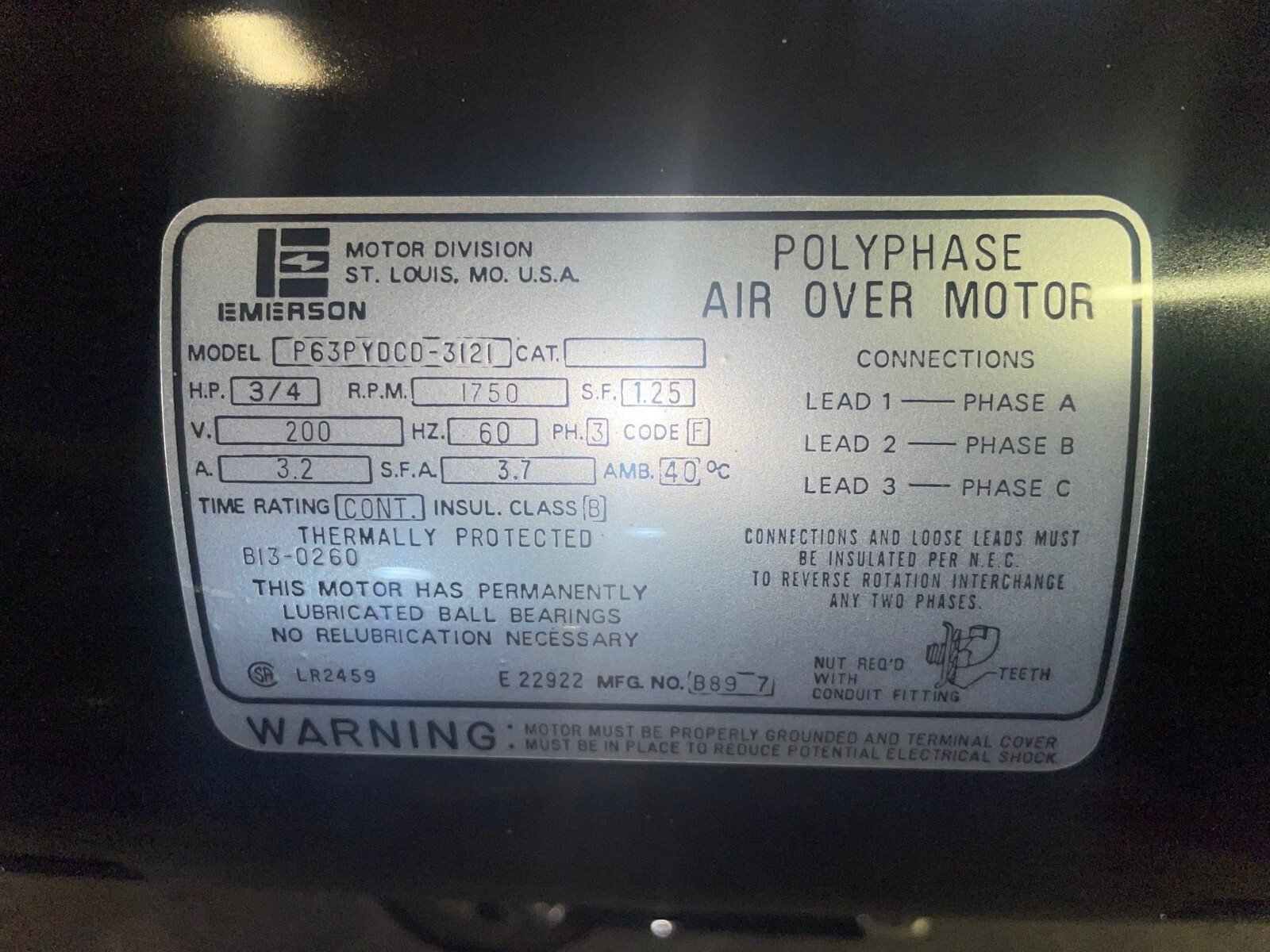 Emerson Polyphase Air Over Motor P63PYDCD-3121 3/4 HP 1750 RPM 200V
