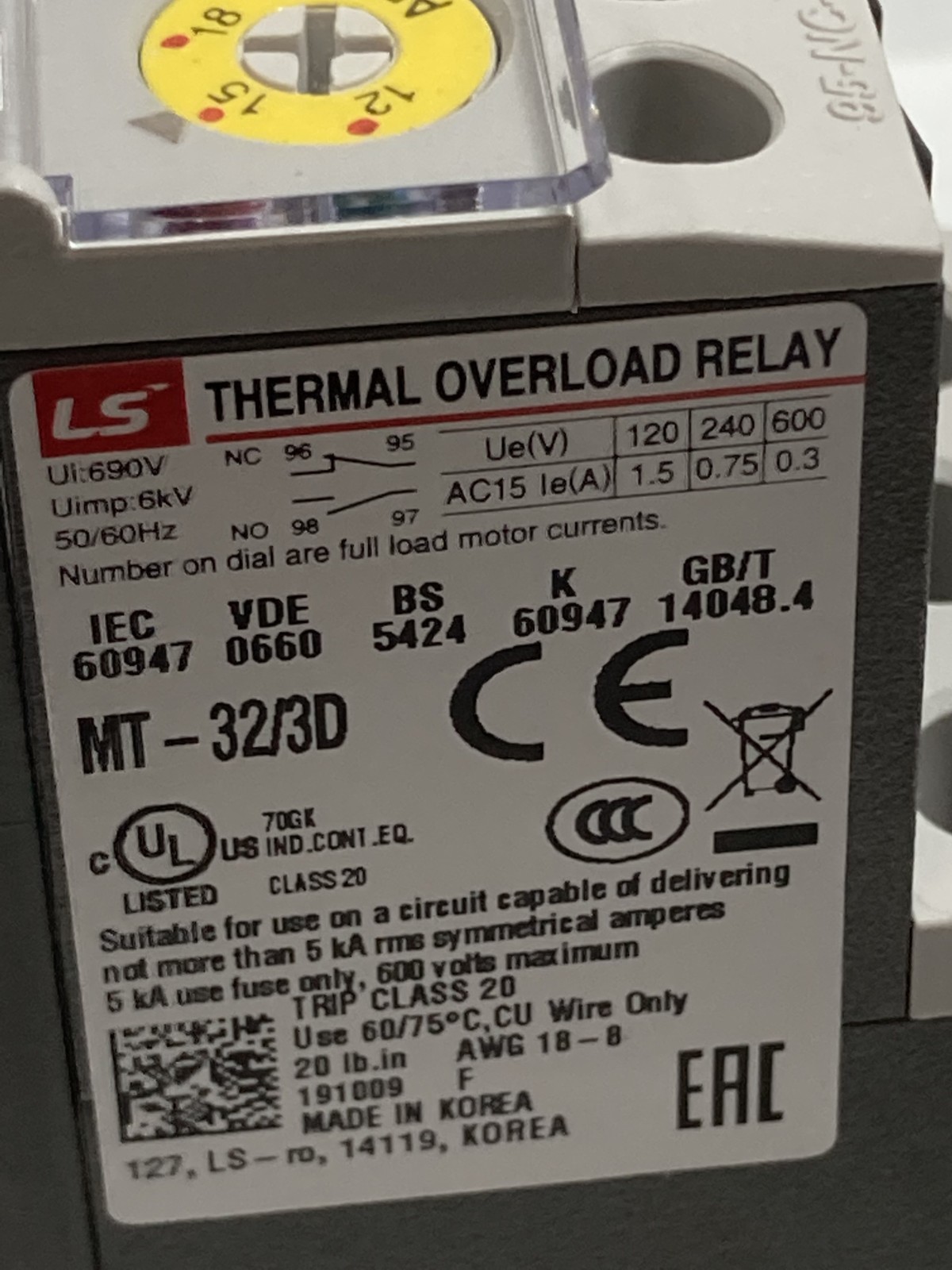 LS ELECTRIC MT-32/3D THERMAL OVERLOAD RELAY 15(12-18)A 120-600V 50/60HZ NIB