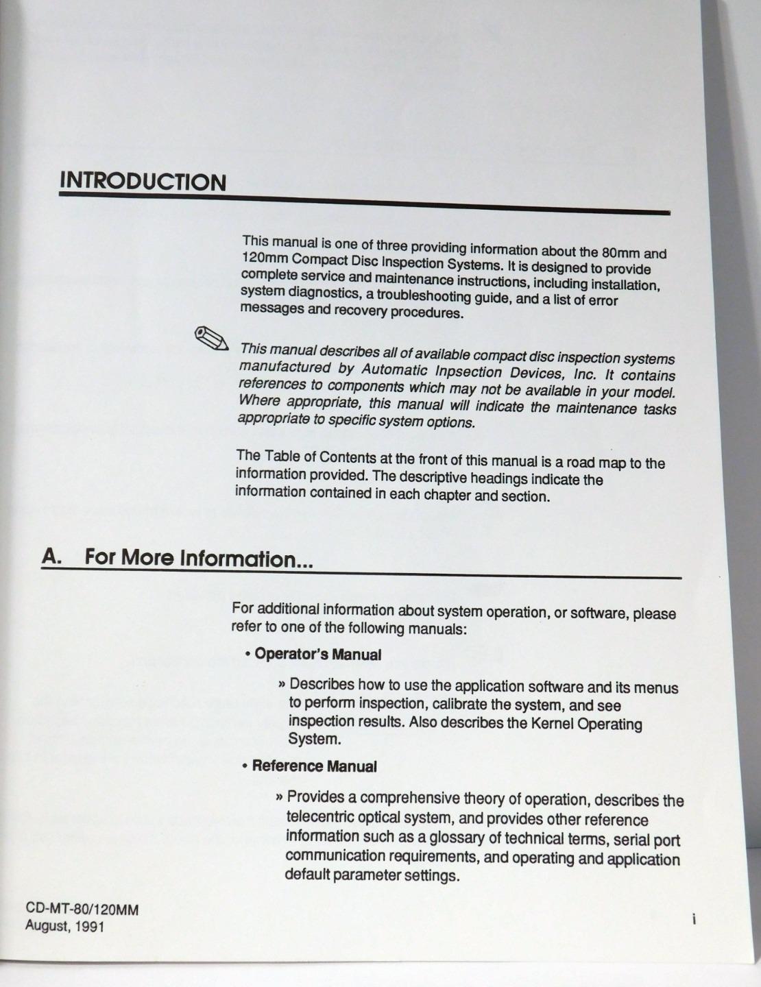 AID 80/120mm Compact Disc Inspection System Maintenance Manual CD-MT-80/120mm