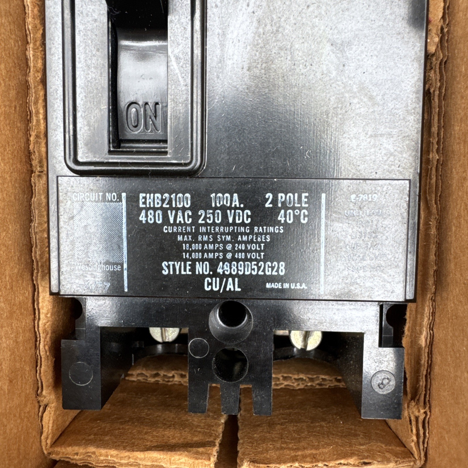 Westinghouse EHB2100 AB Deion Circuit Breaker 2 Pole 100 Amp 480V AC Electrical